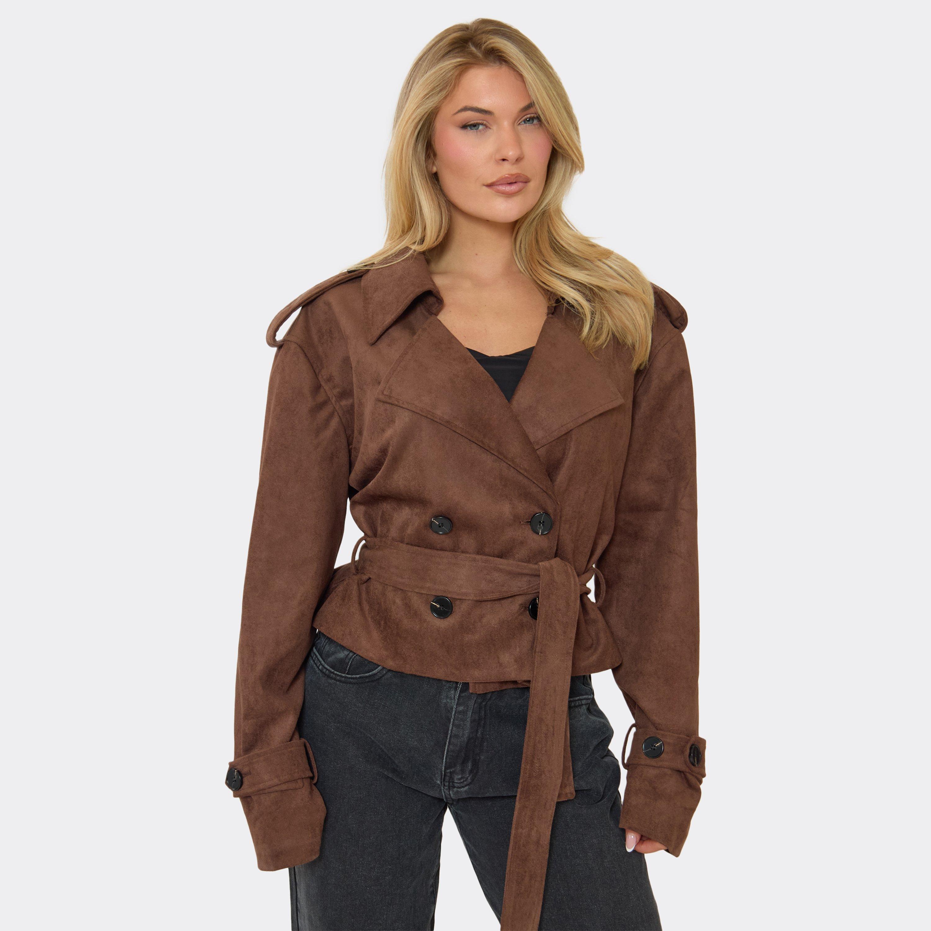 Long Sleeve Tie Belt Detail Jacket In Chocolate Brown Faux Suede, Women's Size UK 10