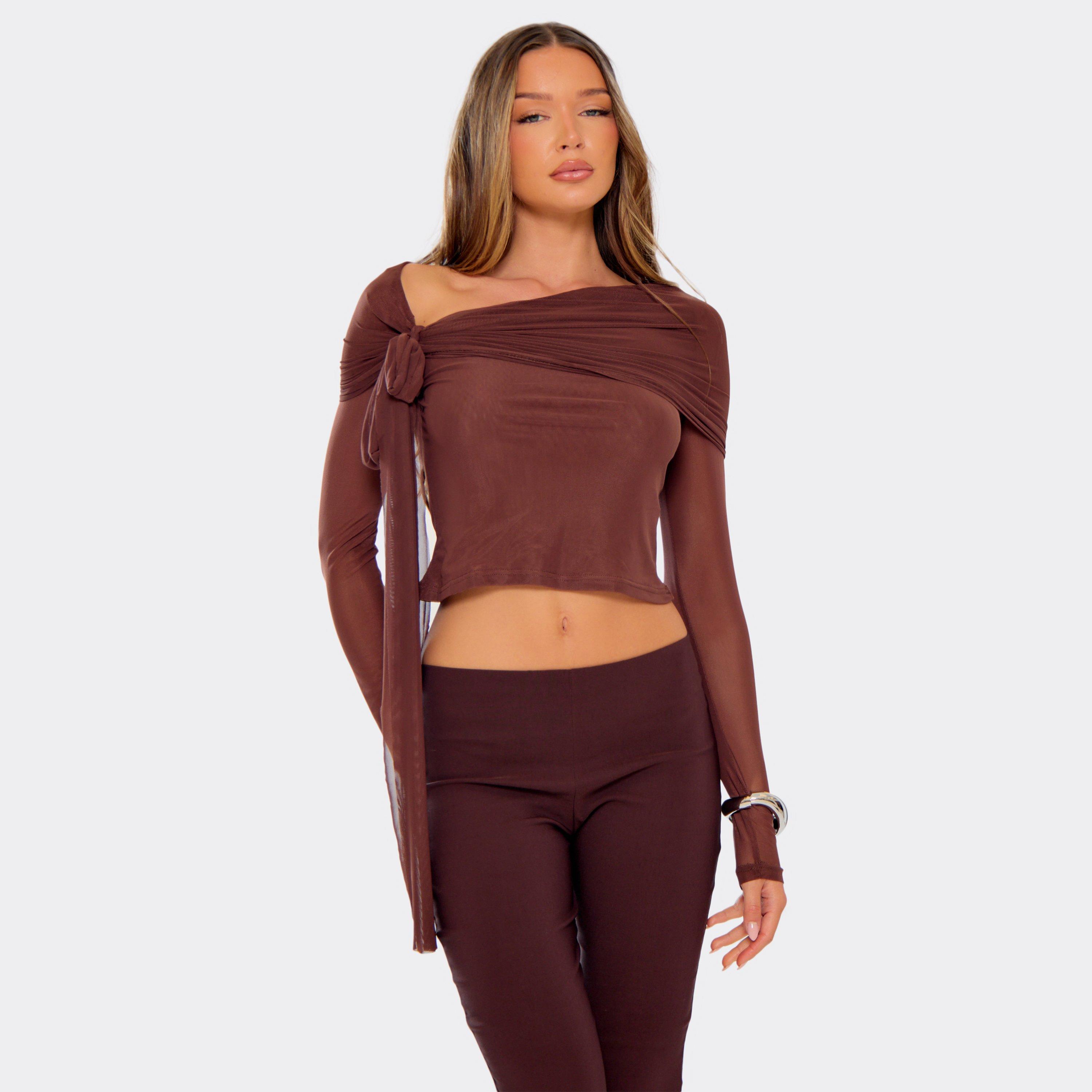 Image of Long Sleeve Asymmetric Tie Detail Top In Chocolate Brown Mesh, Women's Size UK S