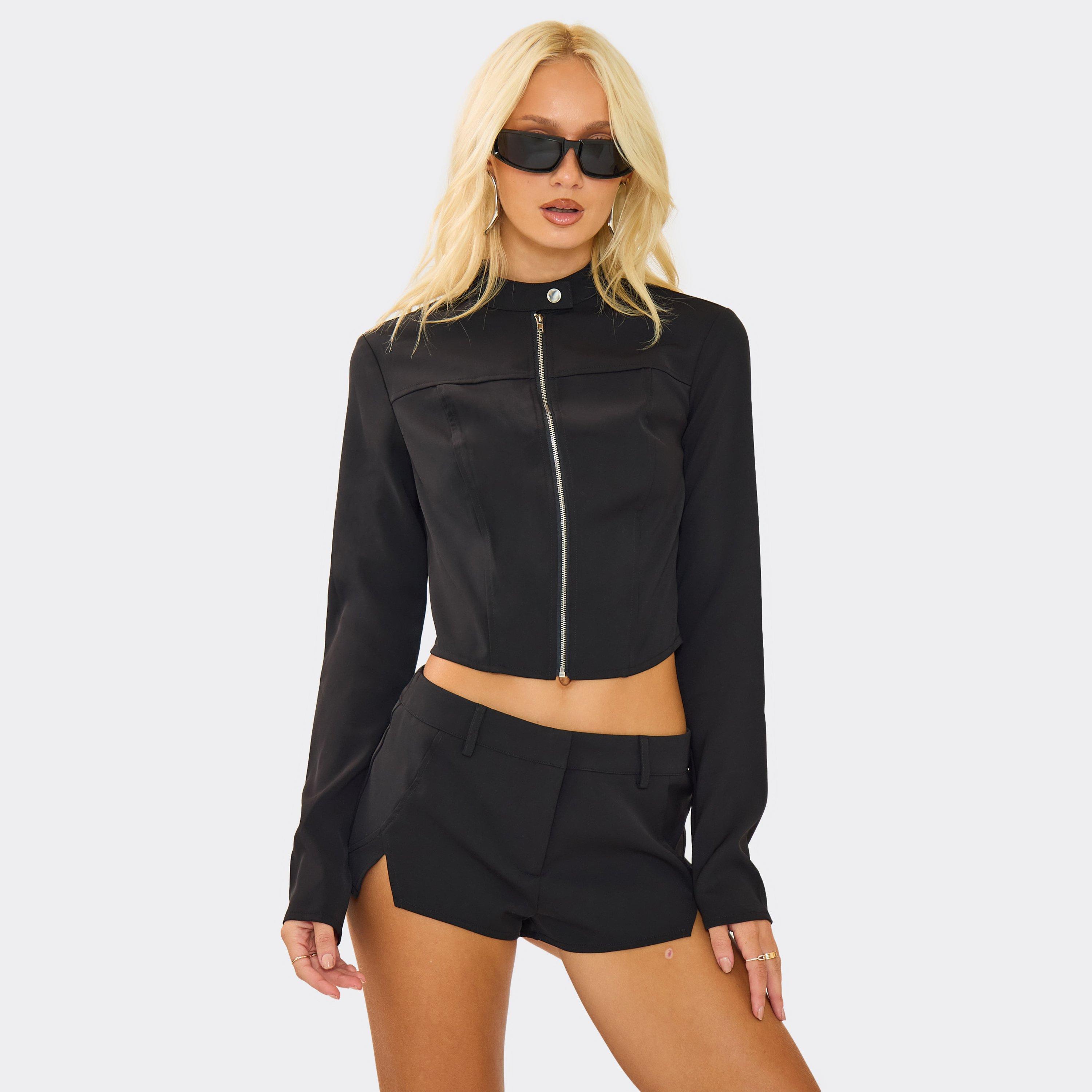 Long Sleeve Fitted Zip Up Cropped Jacket In Black, Women's Size UK 6