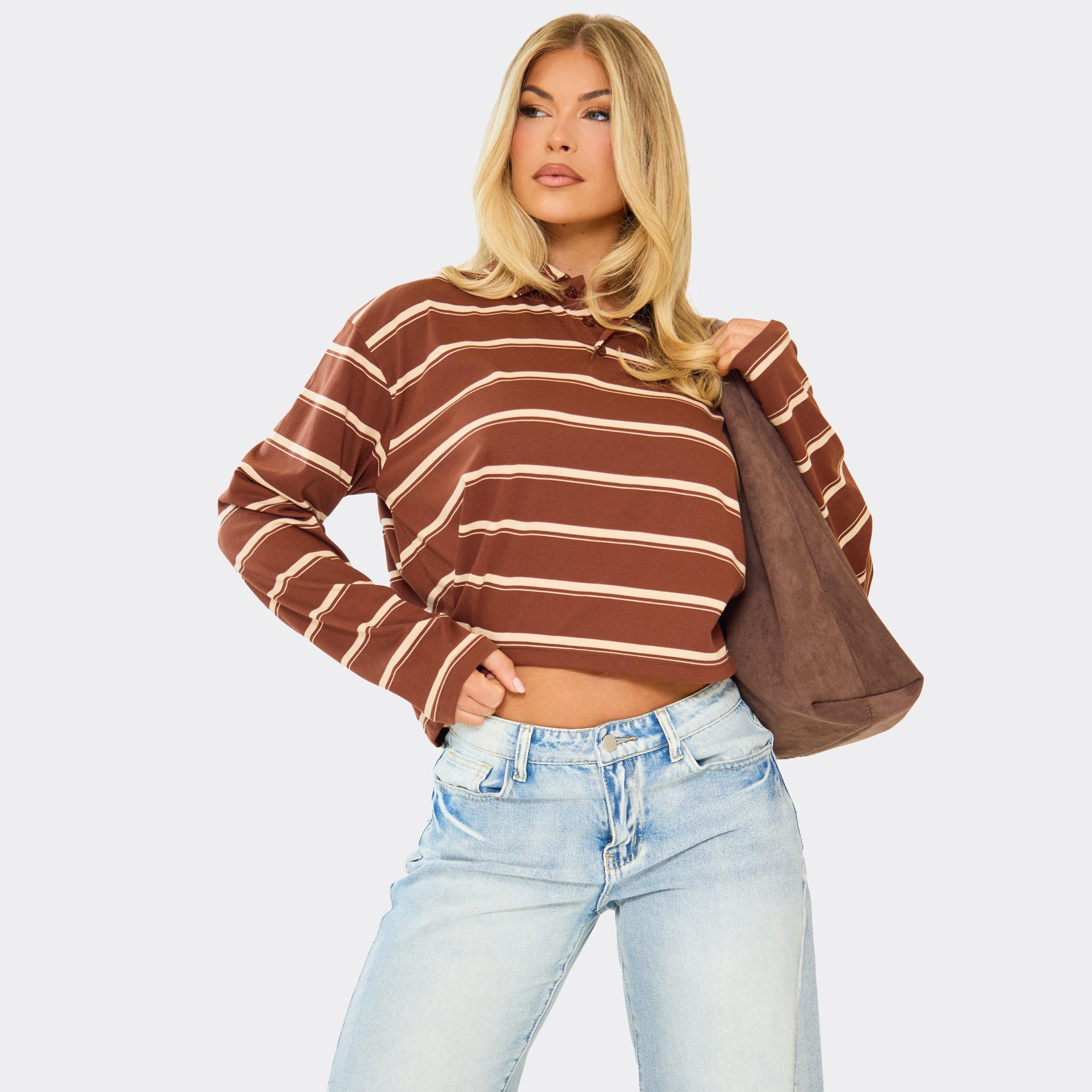 Image of Long Sleeve Rugby Top In Brown Stripe, Women's