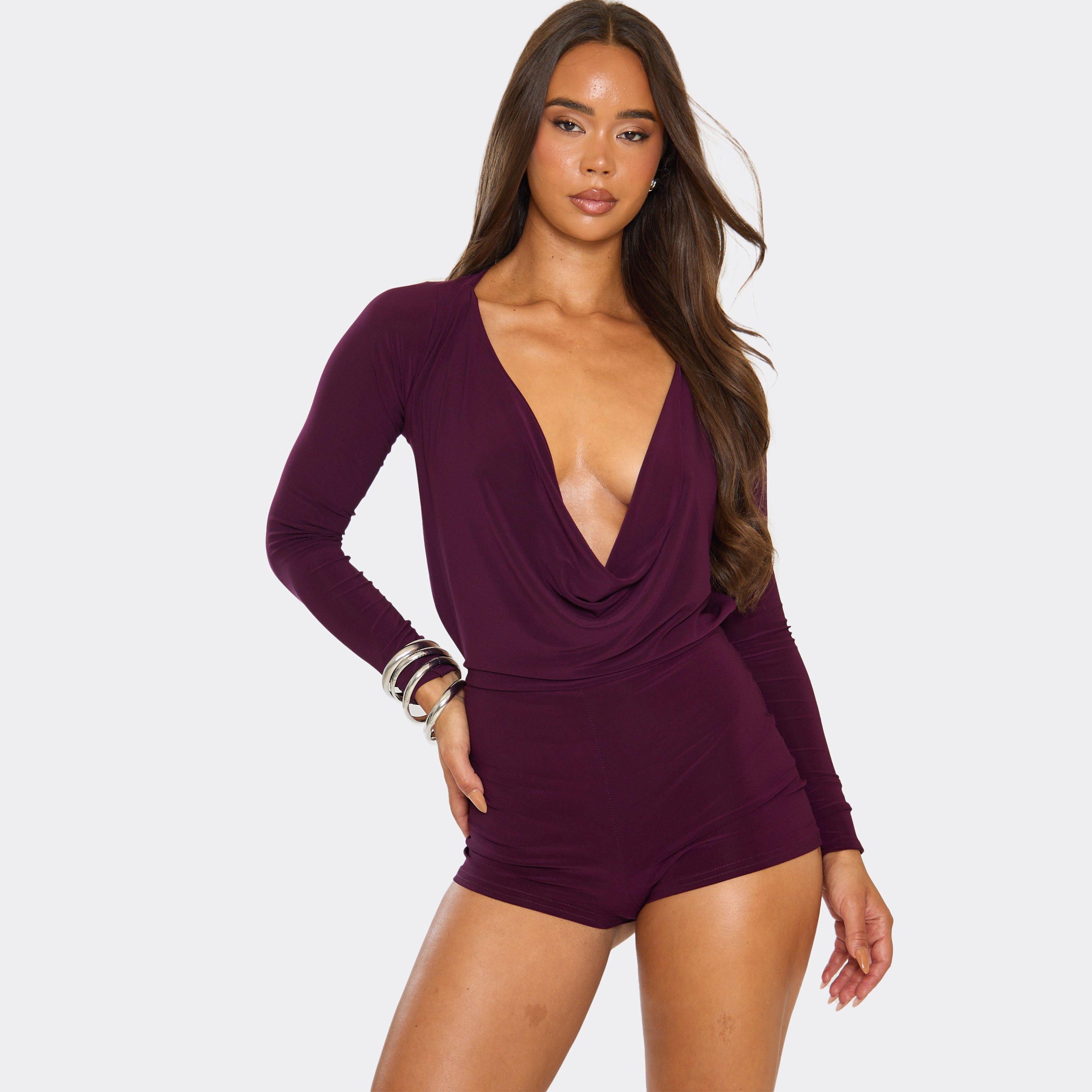 Long Sleeve Cowl Neck Open Tie Back Detail Playsuit In Plum Slinky, Women's Size UK 10