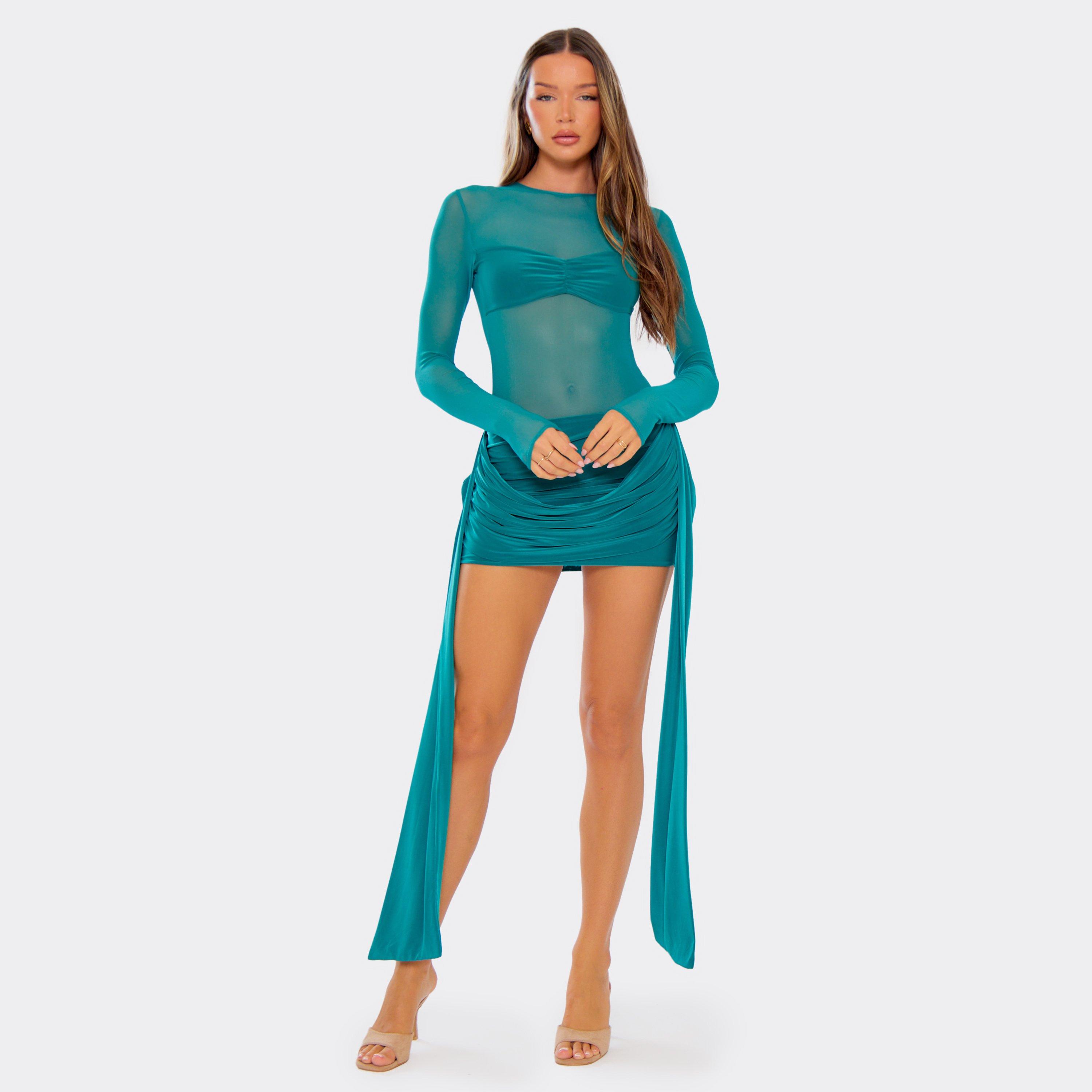 Low Waist Drape Detail Mini Skirt In Teal Slinky, Women's Size UK 6