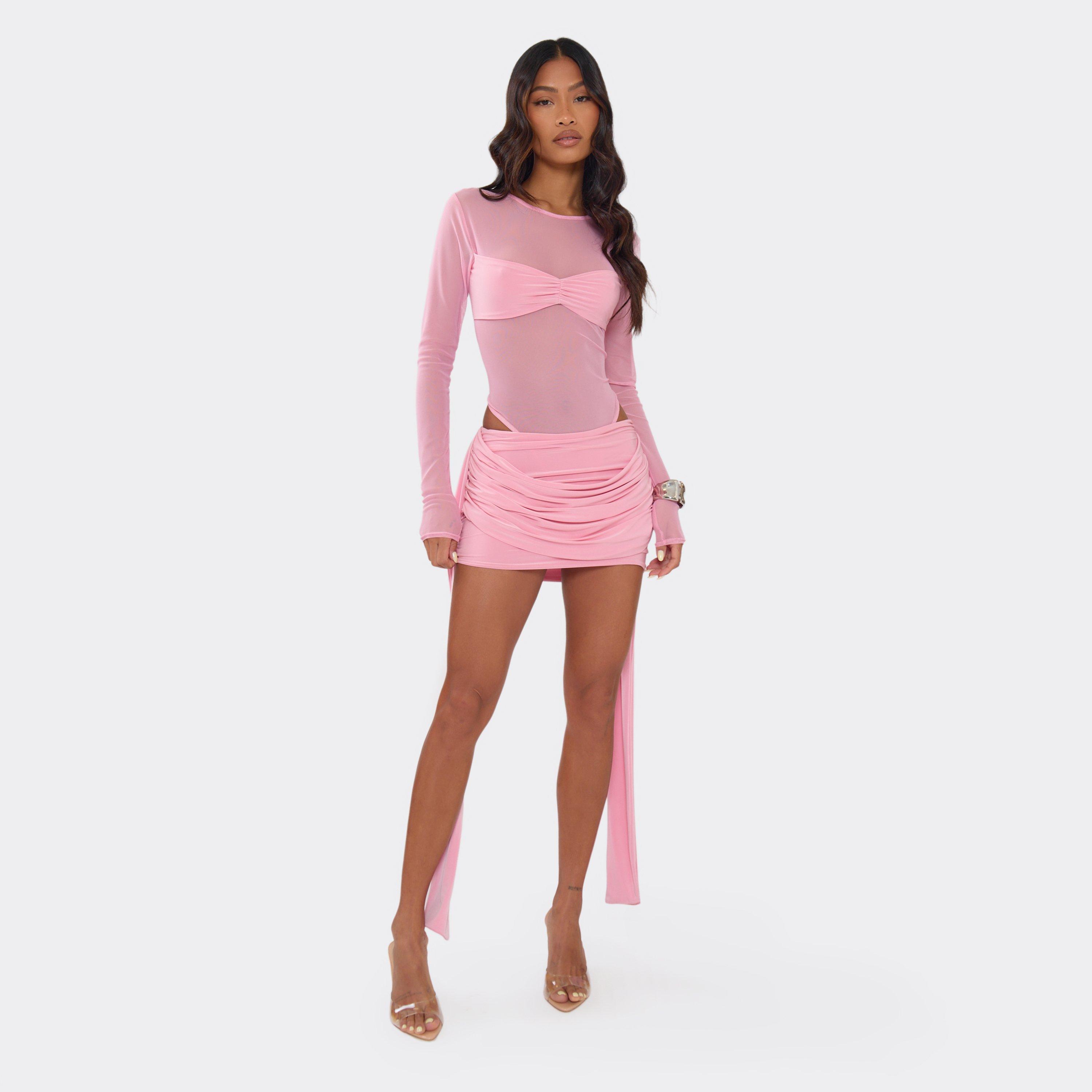 Mid Waist Drape Side Mini Skirt In Baby Pink Slinky, Women’s