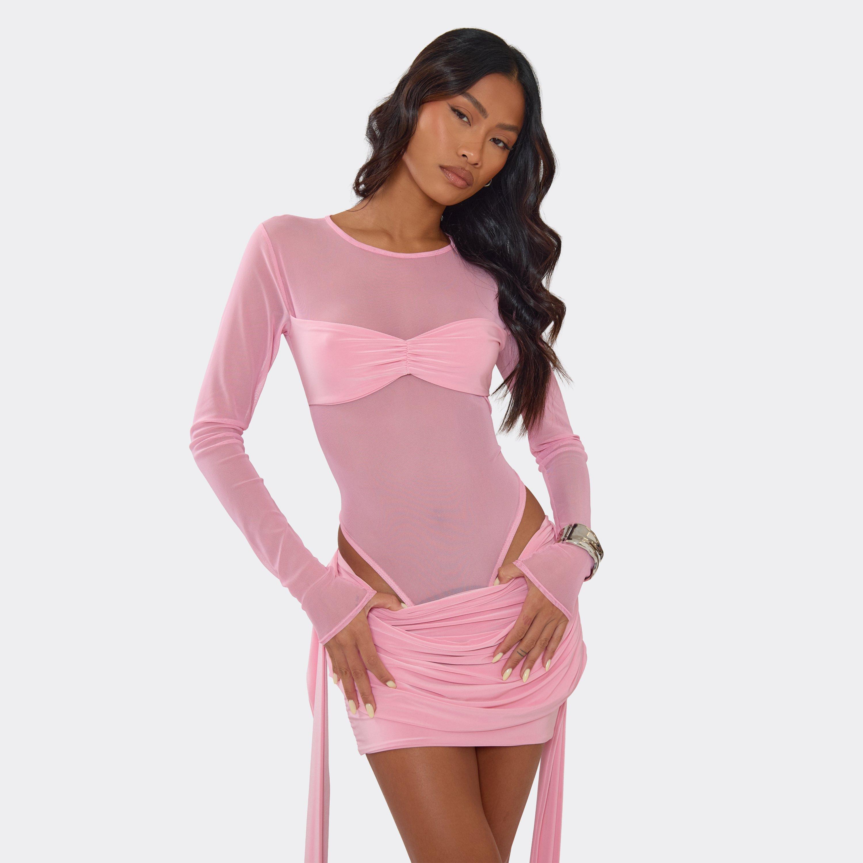Long Sleeve Slinky Bust Panel Bodysuit In Baby Pink Mesh, Women's Size UK 8