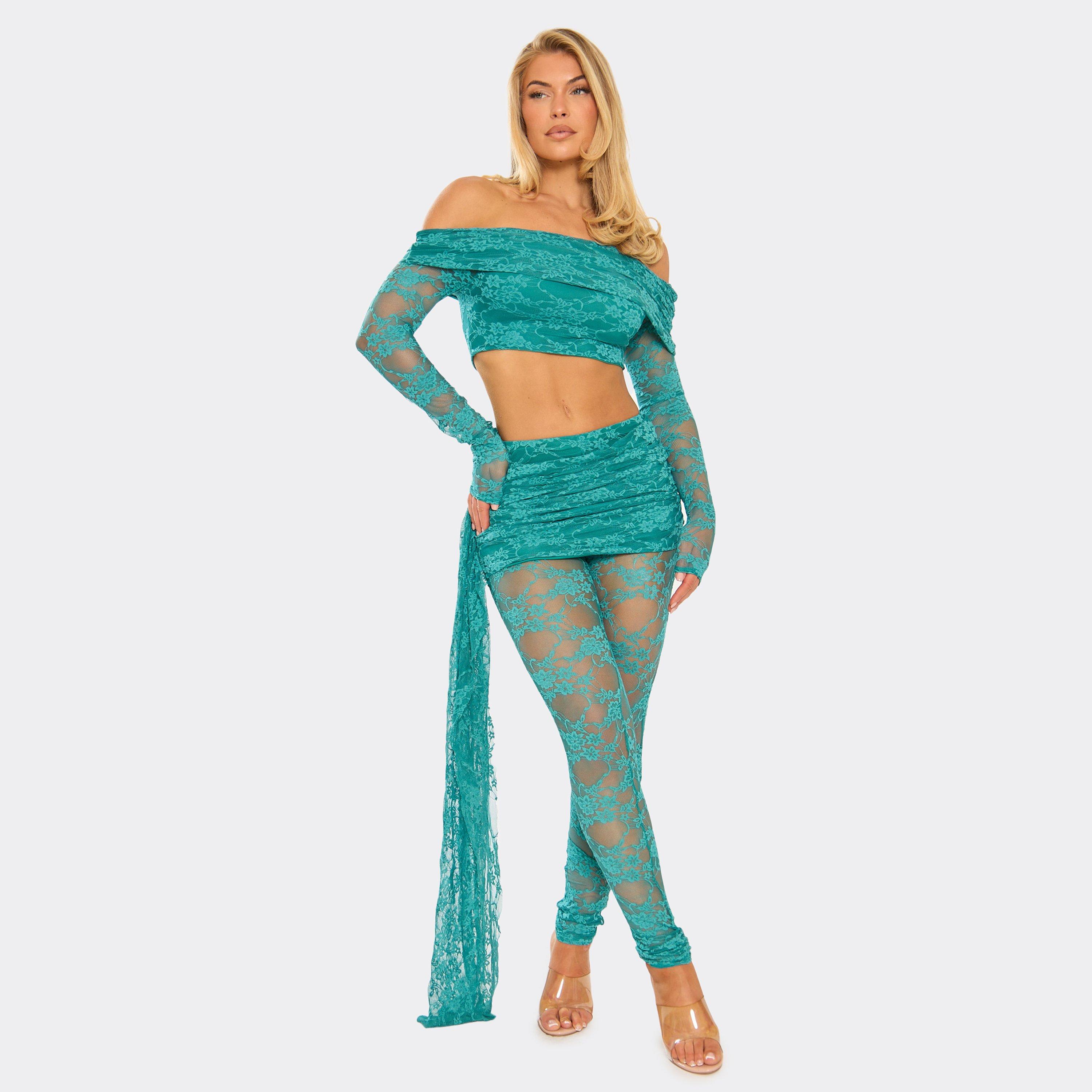 Image of Fold Over Drape Detail Flared Leg Trousers In Teal Lace, Women's