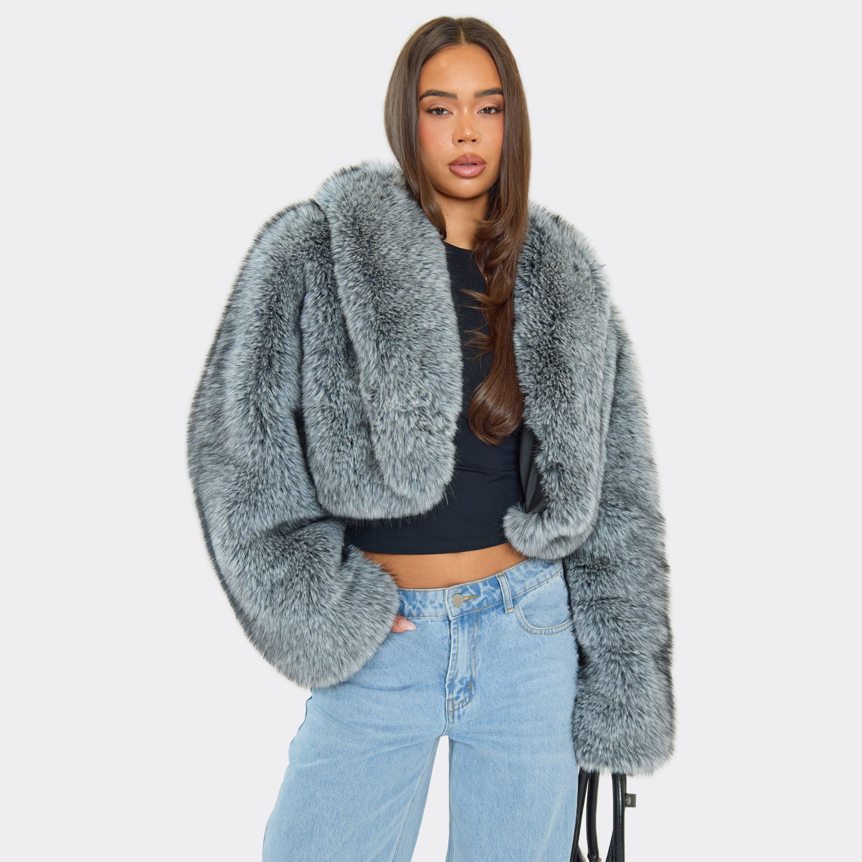 Oversized Collar Panel Detail Cropped Coat In Grey-Blue Faux Fur, Women's Size UK S