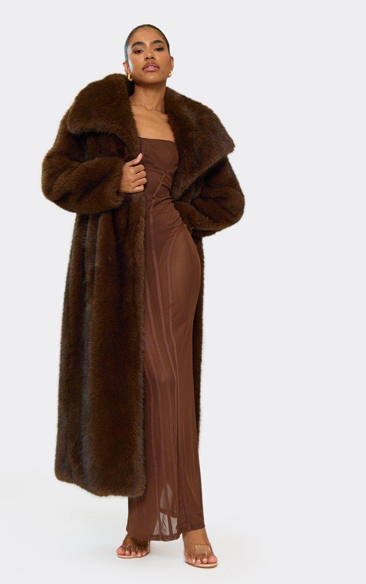 Oversized Collar Detail Maxi Coat In Chocolate Brown Faux Fur