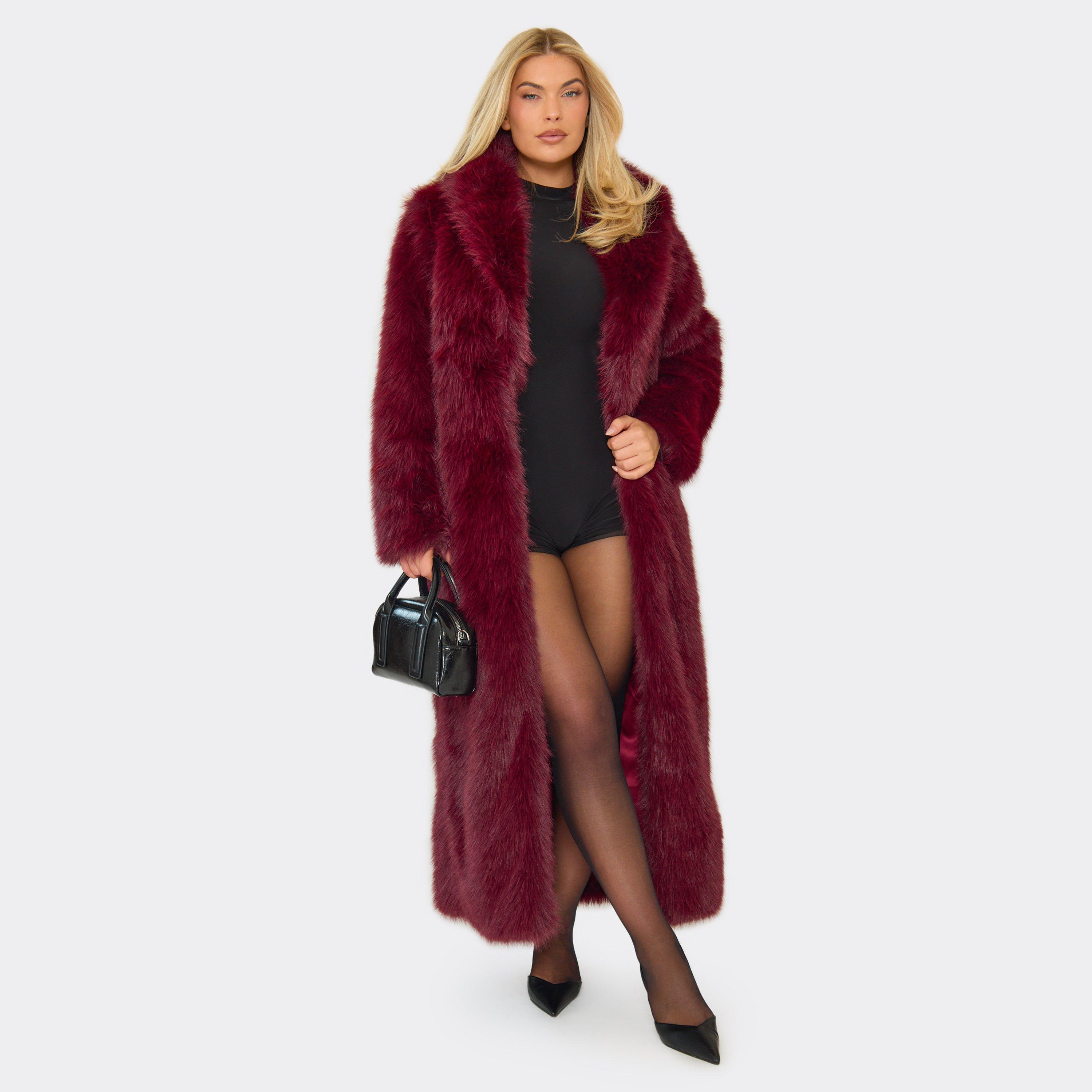 Rounded Collar Detail Maxi Coat In Burgundy Faux Fur, Women's Size UK S