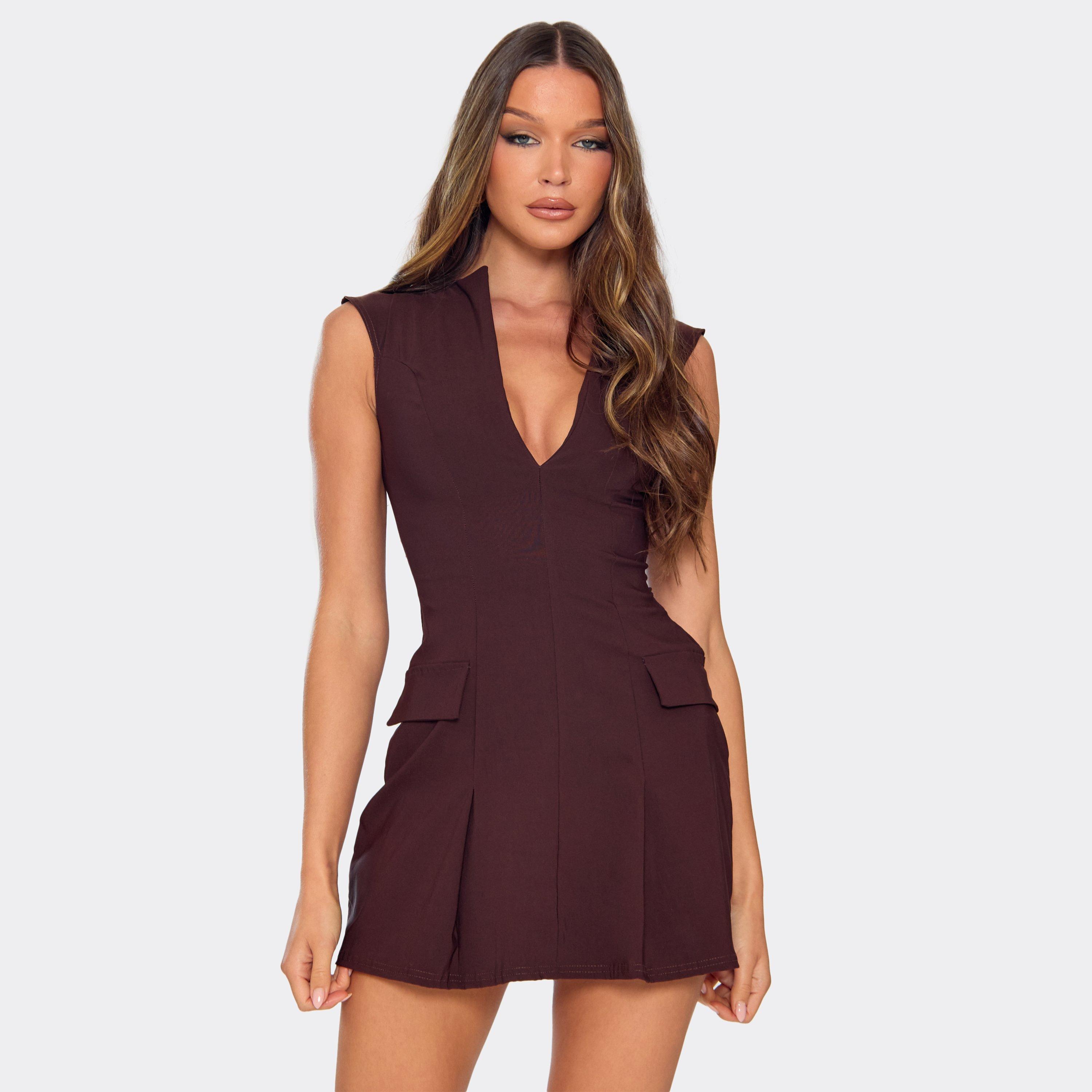 Plunge Pocket Pleat Detail A Line Mini Dress In Chocolate Brown Bengaline, Women’s