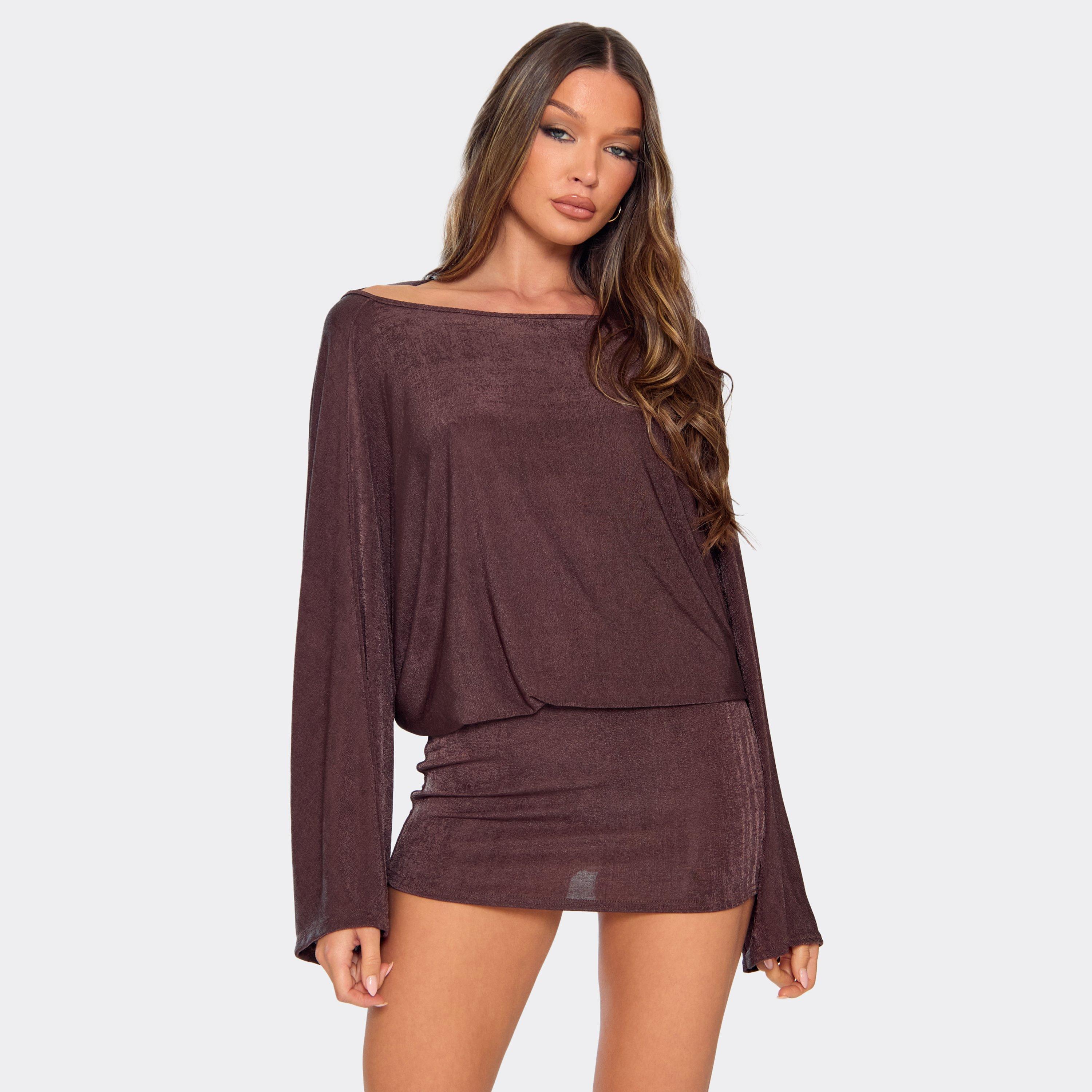 Flared Sleeve Low Cut Back Detail Mini Dress In Chocolate Brown, Women's Size UK 10