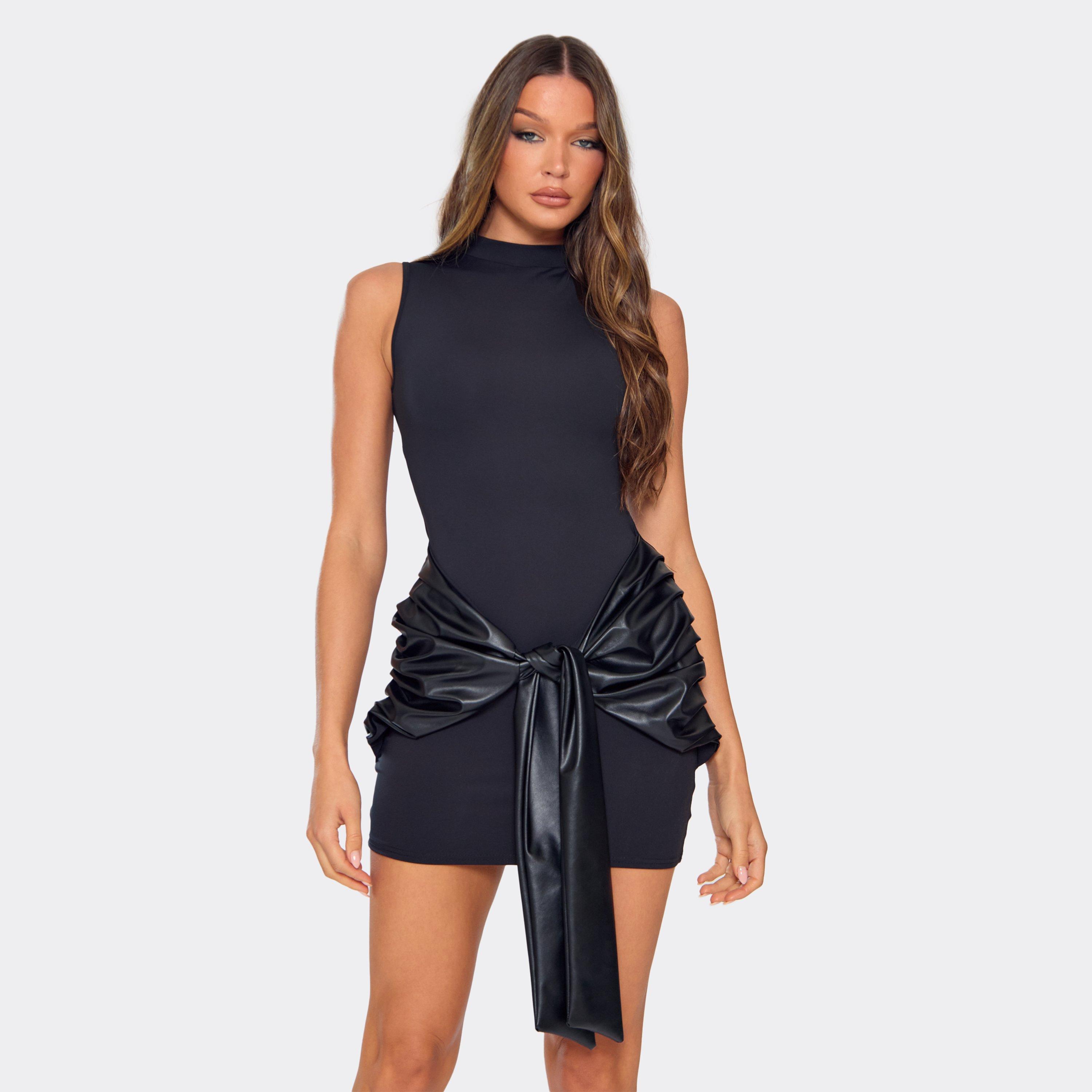High Neck Contrast Faux Leather Drape Detail Mini Dress In Black, Women’s