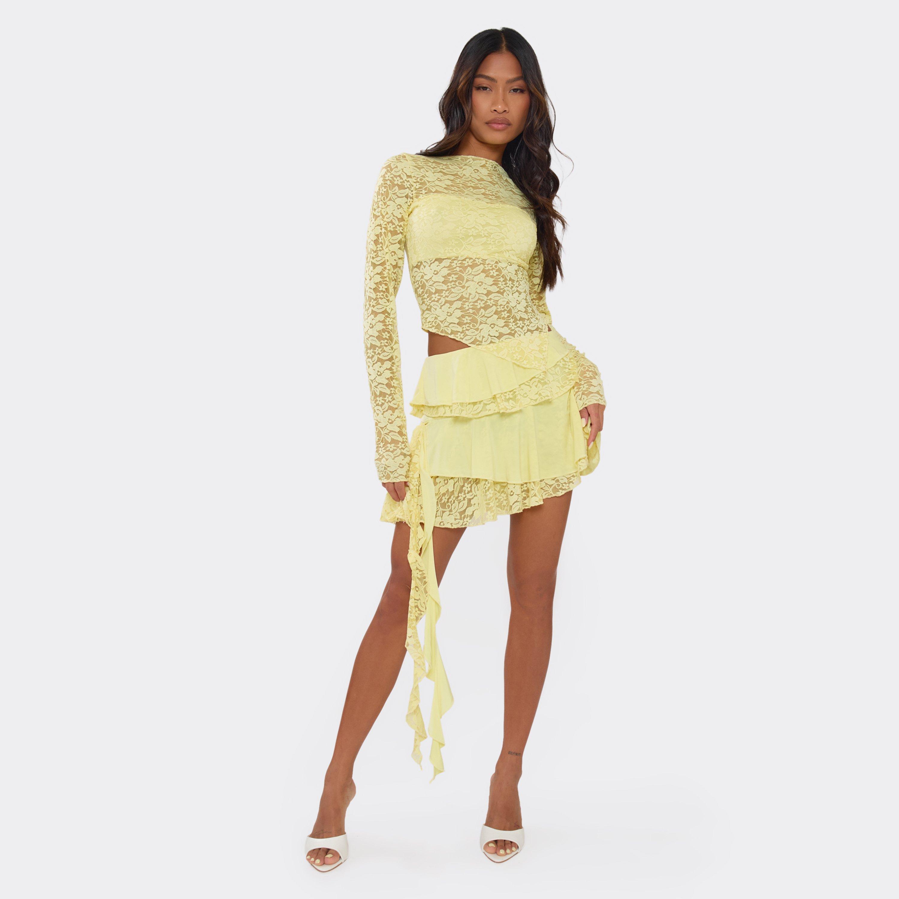 Mid Waist Asymmetric Frill Mini Skirt In Yellow Slinky Lace, Women’s