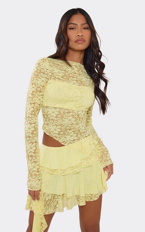 Long Sleeve High Neck Fitted Top In Yellow Sheer Lace | EGO US | EGO