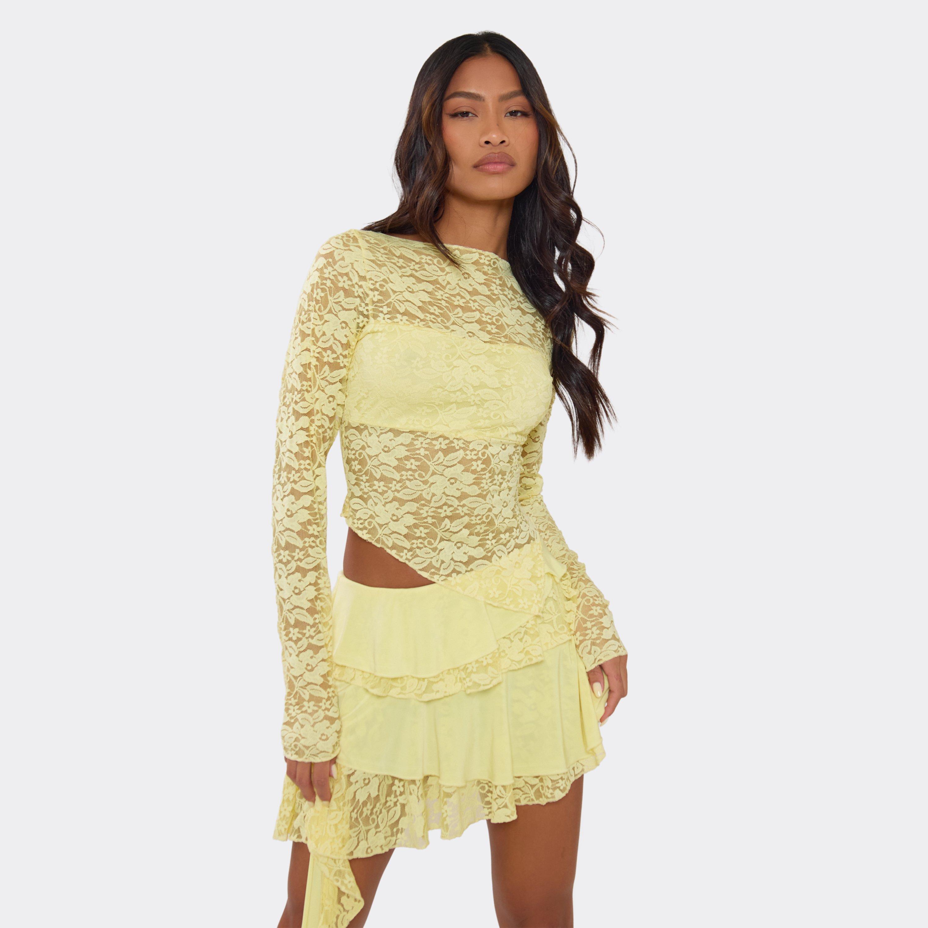 Long Sleeve Asymmetric Hem Detail Top In Yellow Lace, Women's Size UK 10