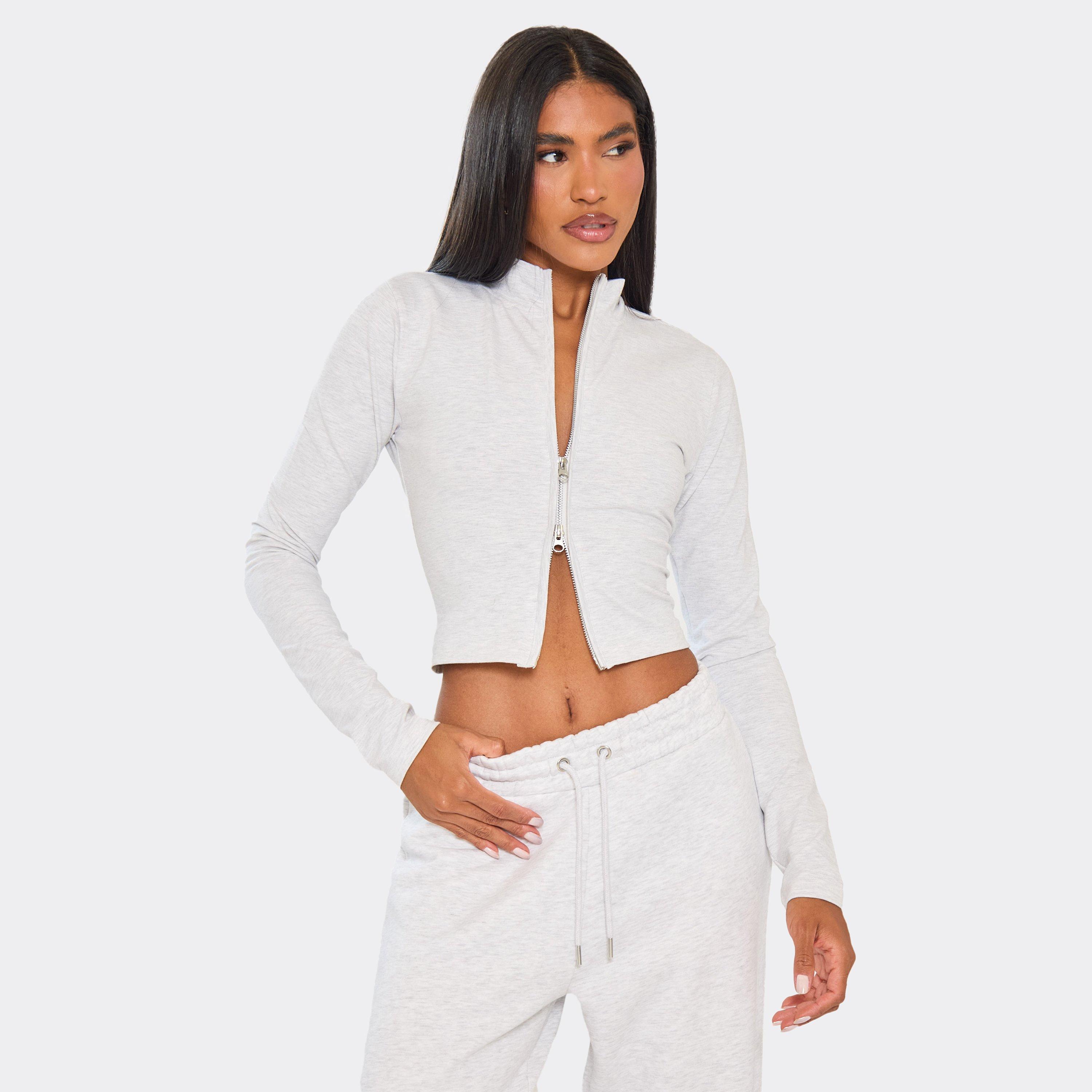 Long Sleeve Double Zip Fitted Top In Light Grey Marl, Women's Size UK 16