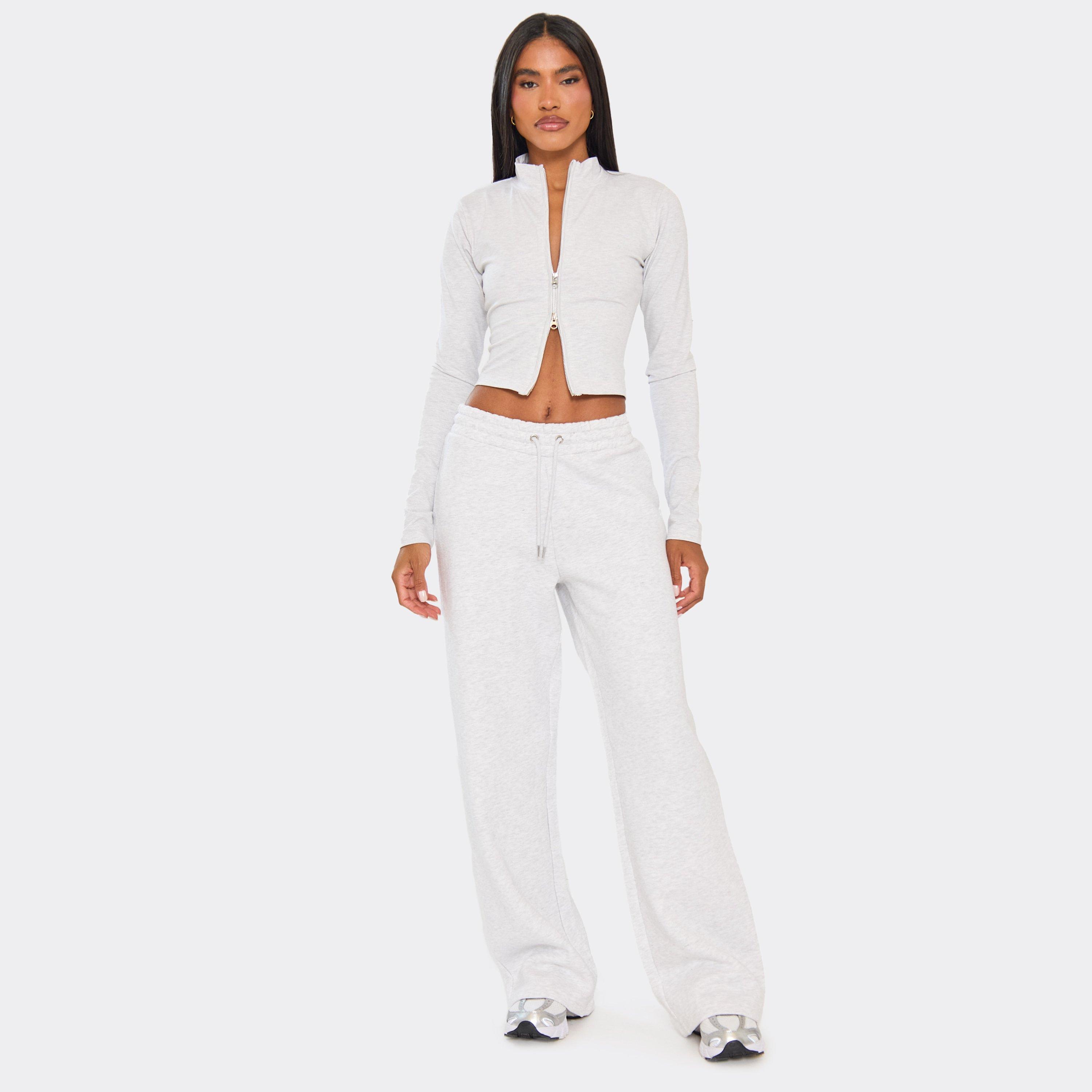 Drawstring Low Rise Wide Leg Joggers In Light Grey Marl, Women's Size UK 14