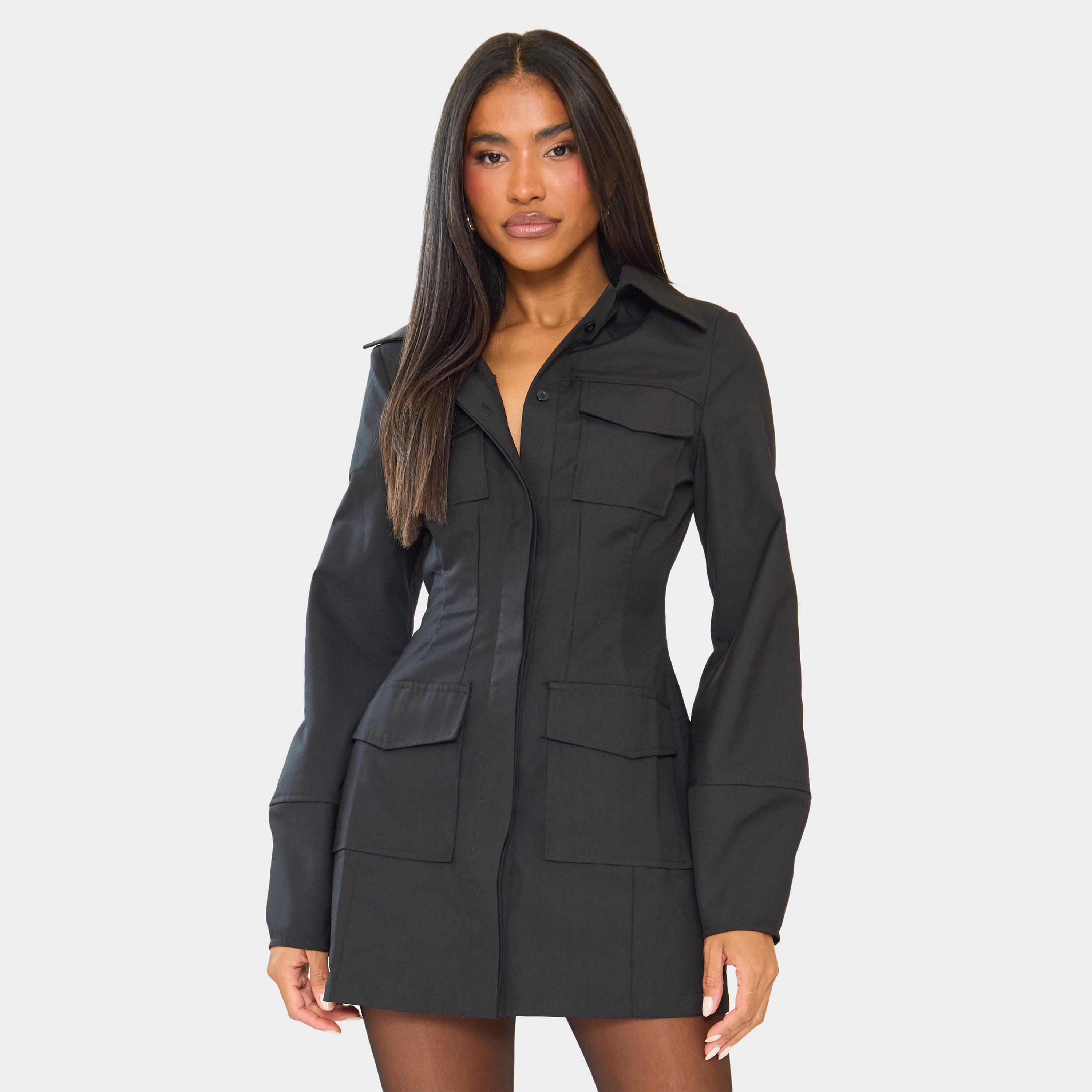 Long Sleeve Pocket Detail Utility Mini Dress In Black, Women's Size UK 8