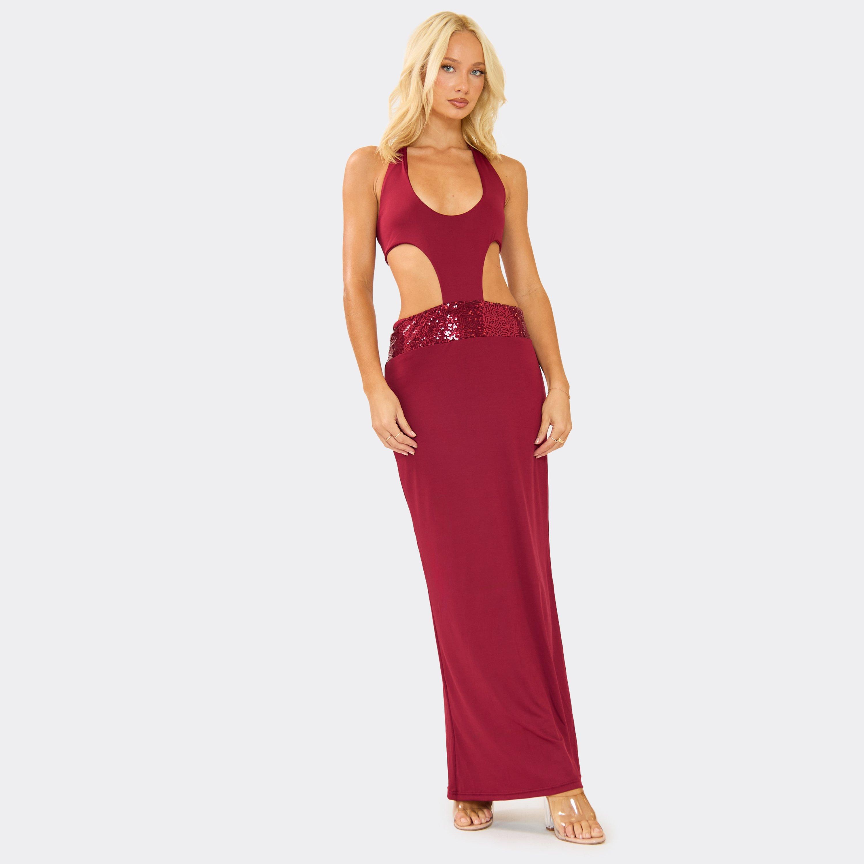 Scoop Neck Cut Out Panel Detail Maxi Dress In Burgundy, Women's Size UK 12