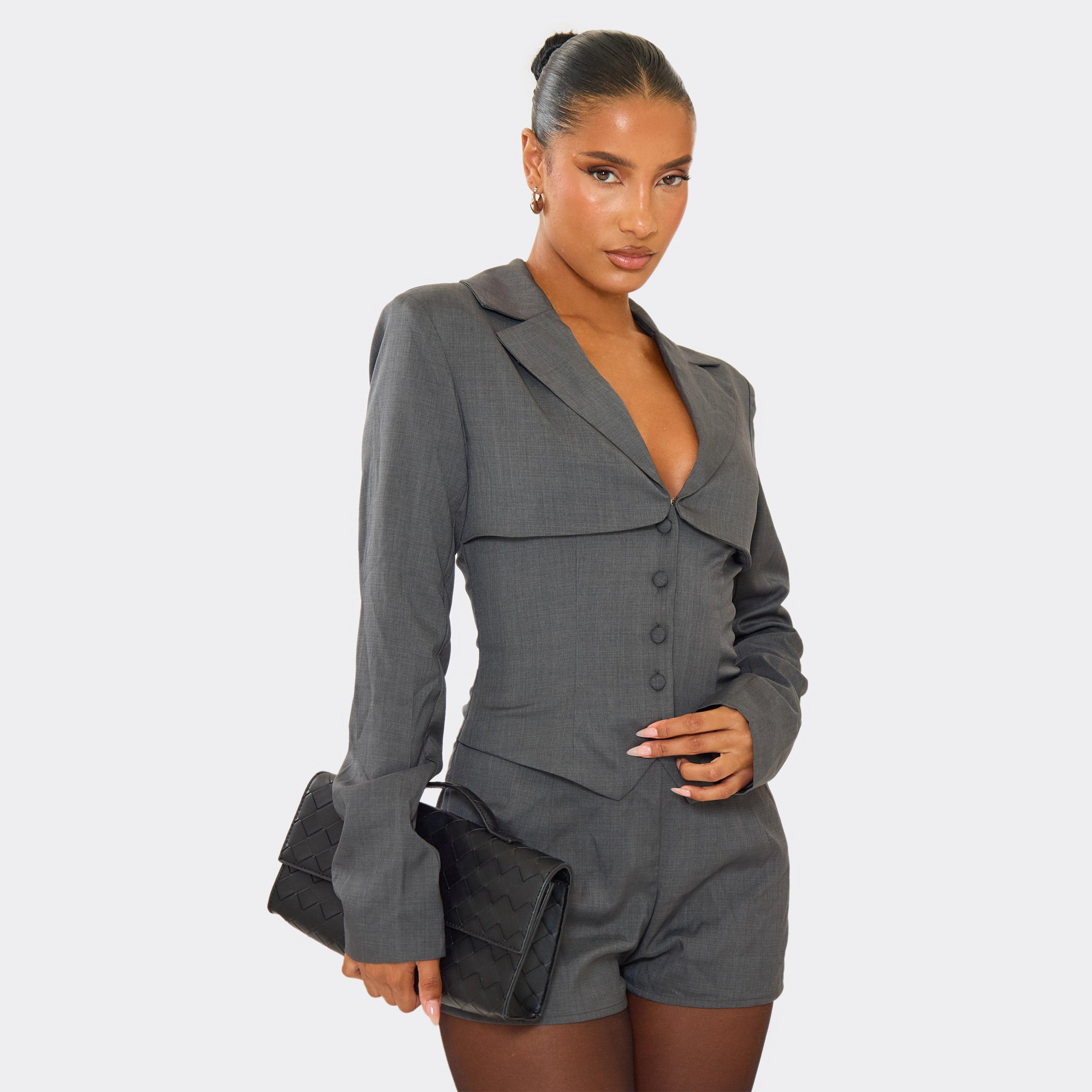 Long Sleeve Button Front Blazer Playsuit In Dark Grey, Women's Size UK 6