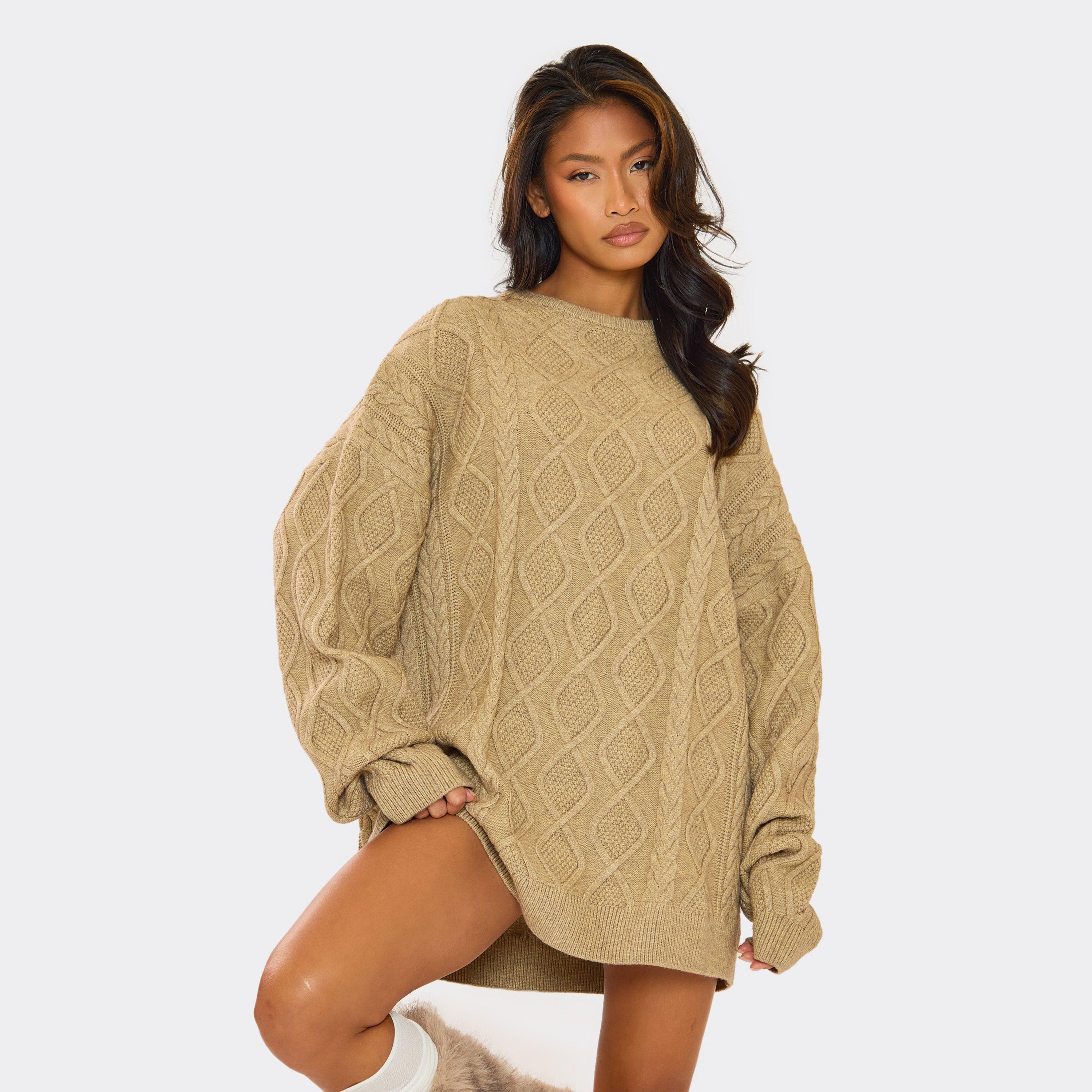 Oversized Jumper Dress In Beige Cable Knit, Women's Size UK M