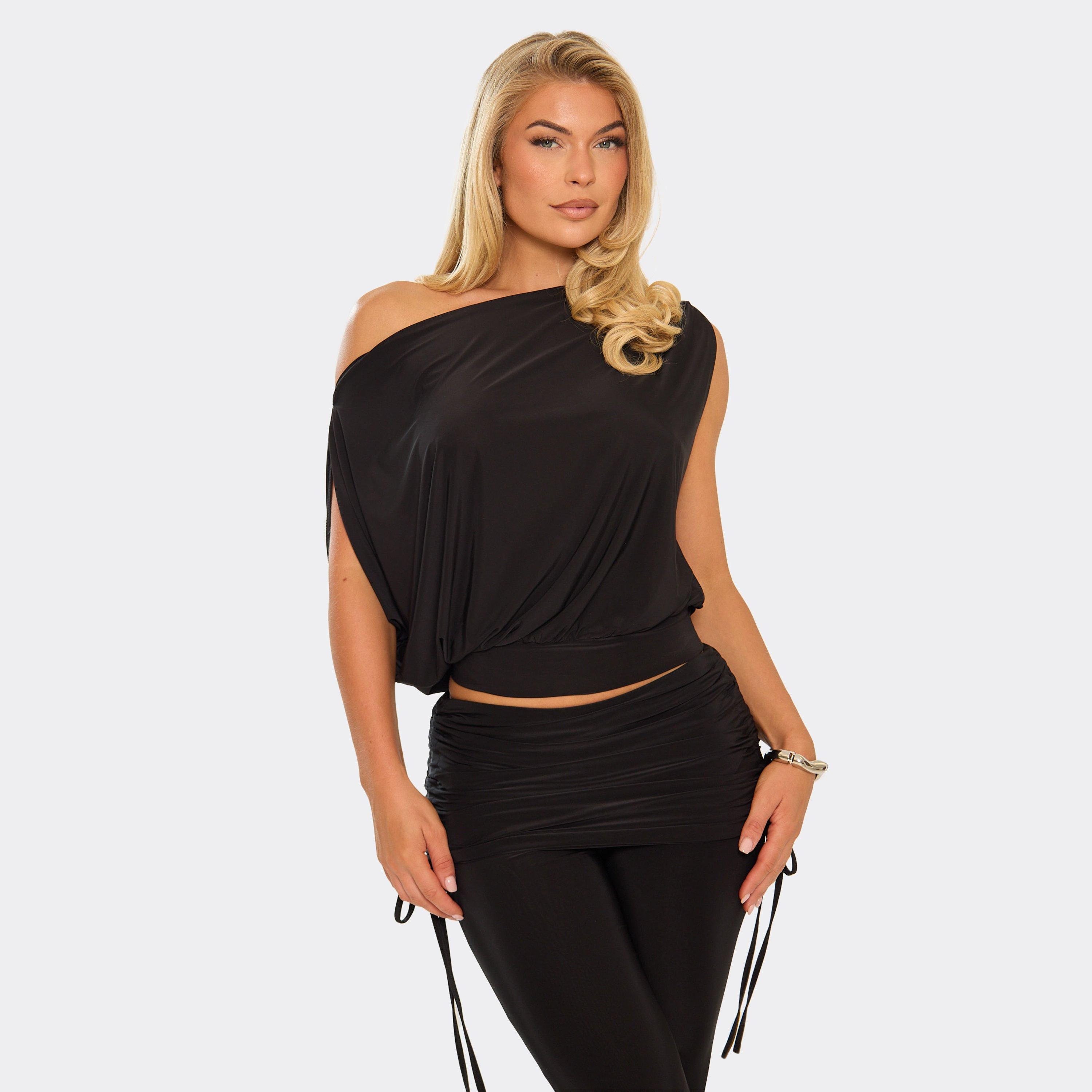 Image of Asymmetric Off The Shoulder Drape Detail Top In Black Slinky, Women's