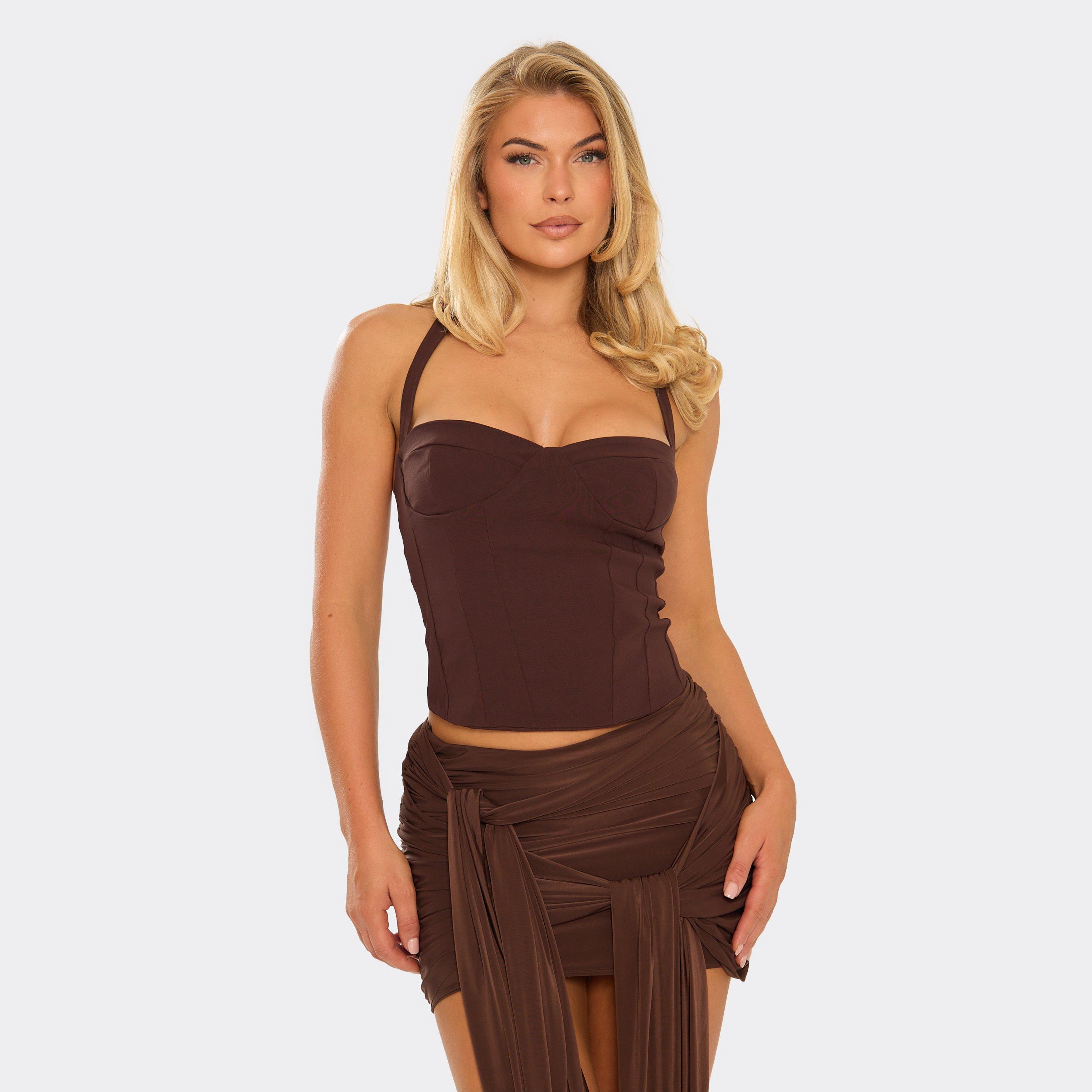 Halterneck Corset Top In Chocolate Brown, Women’s