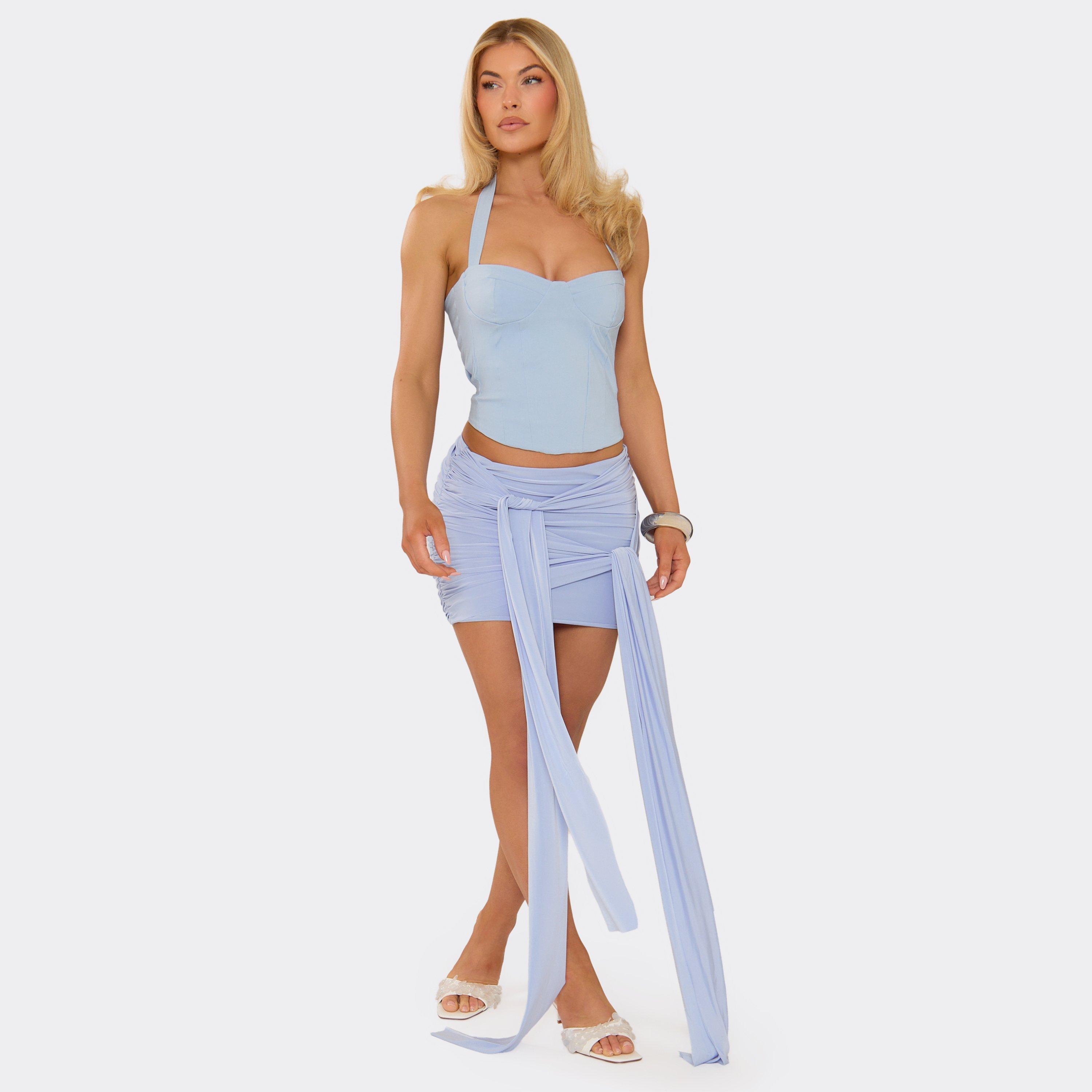 Low Rise Knot Drape Detail Mini Skirt In Baby Blue, Women’s