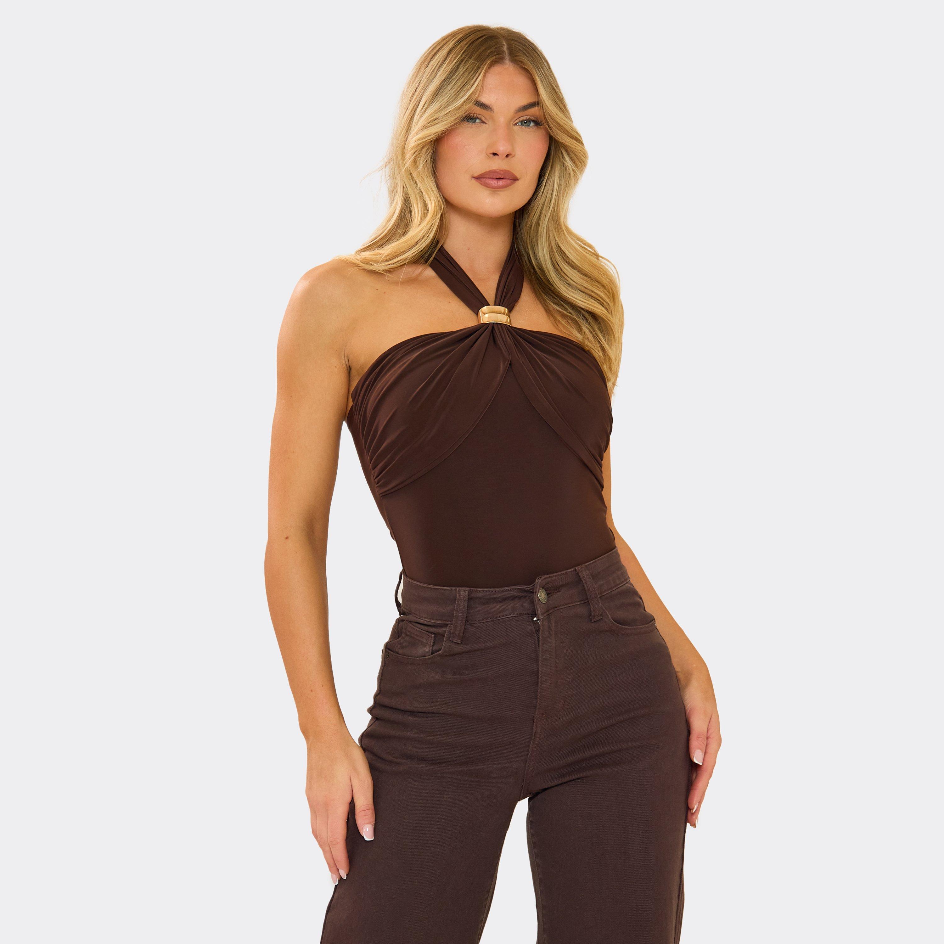 Halterneck Gold Trim Detail Bodysuit In Chocolate Brown Slinky, Women's Size UK 6