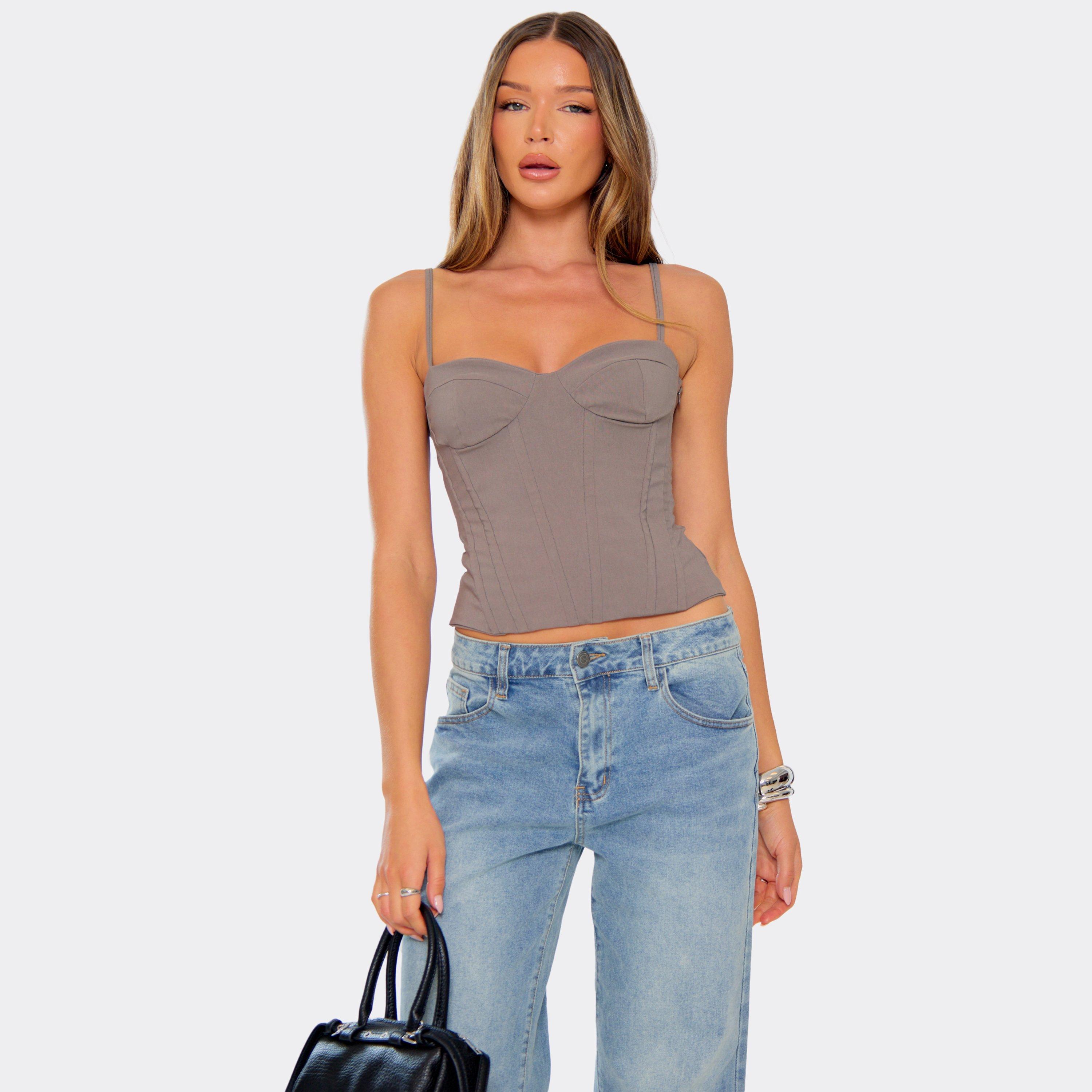 Strappy Underwire Corset Detail Top In Taupe, Women's Size UK 14