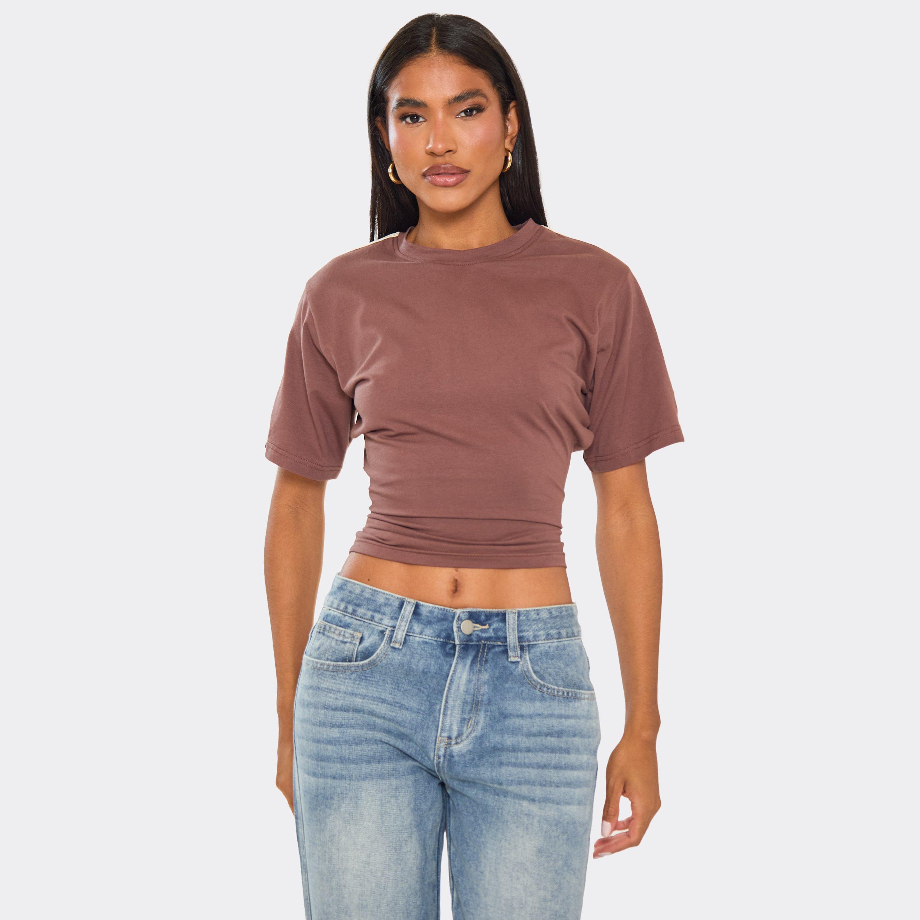 Image of Short Sleeve Cinched Waist Fitted Contrast Stripe Detail T-Shirt In Brown, Women's