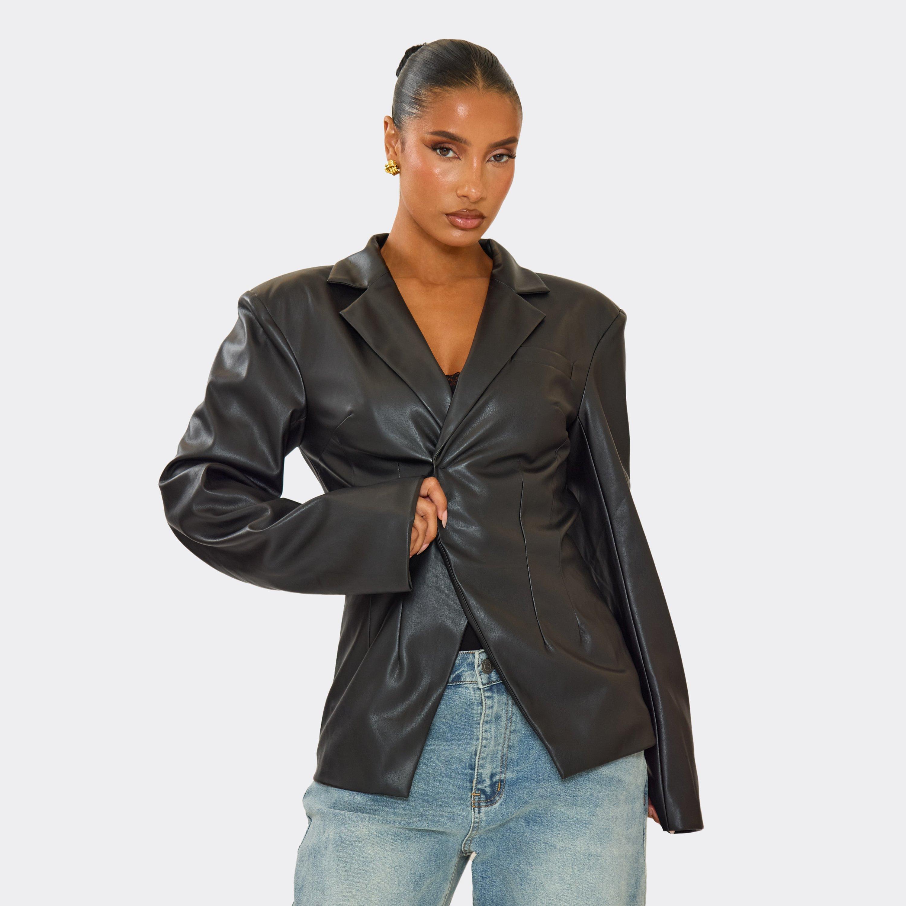 Cinched Waist Blazer In Black Faux Leather, Women's Size UK 6