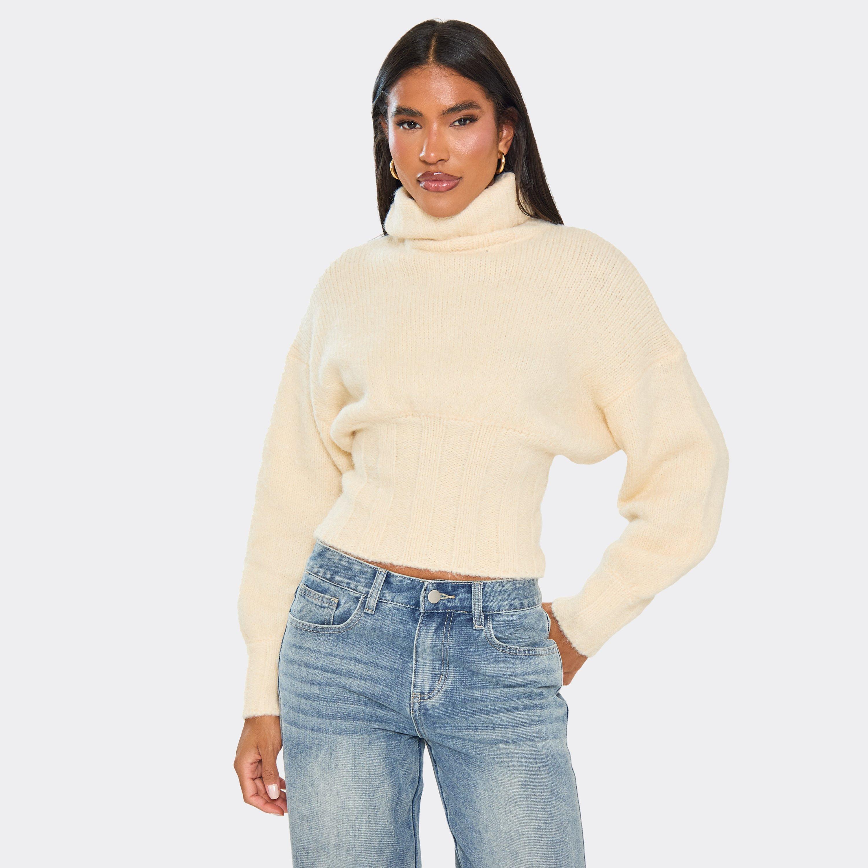 Roll Neck Cinched Waist Jumper In Cream Knit, Women’s