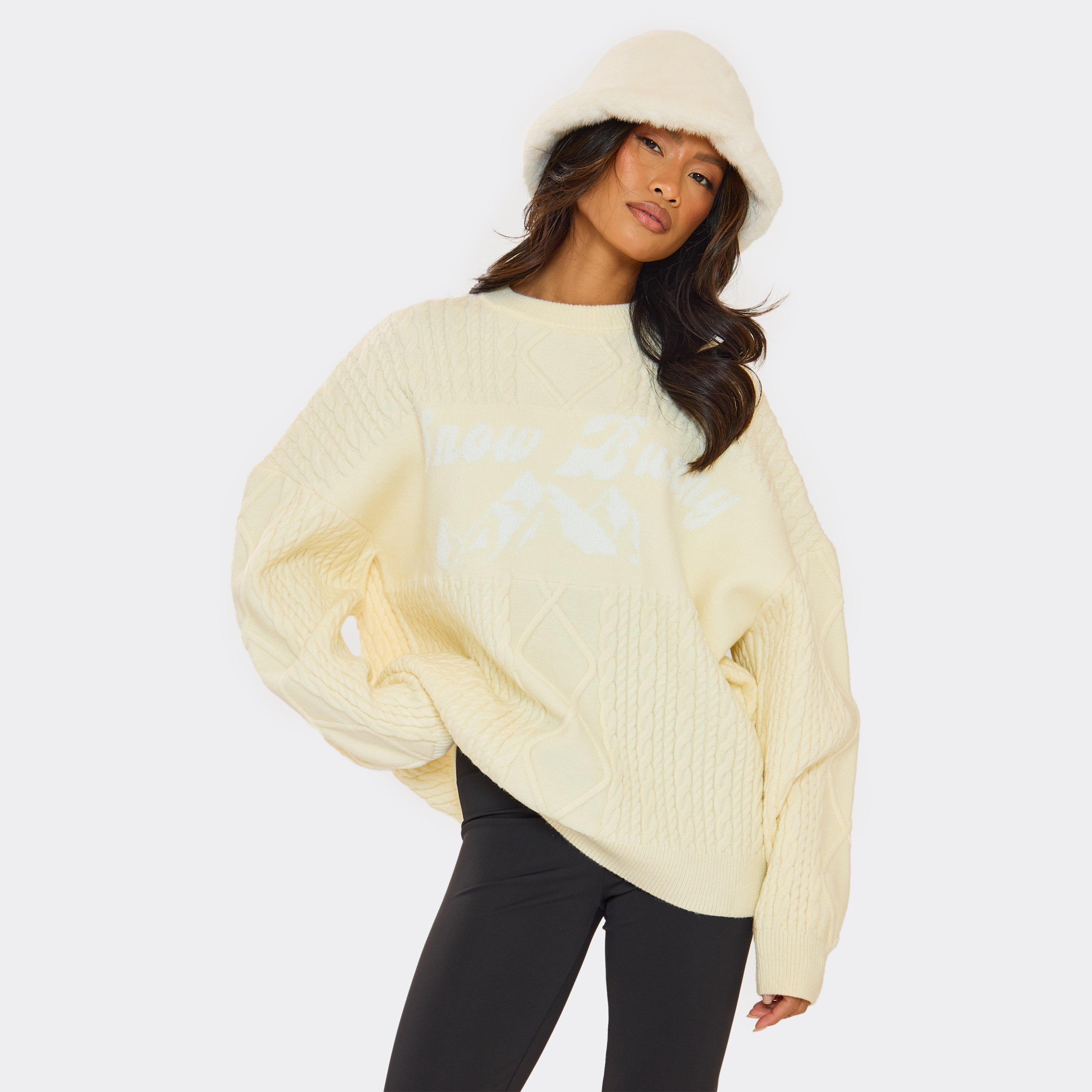 Oversized Snow Bunny Graphic Christmas Jumper In Cream Cable Knit, Women's Size UK M