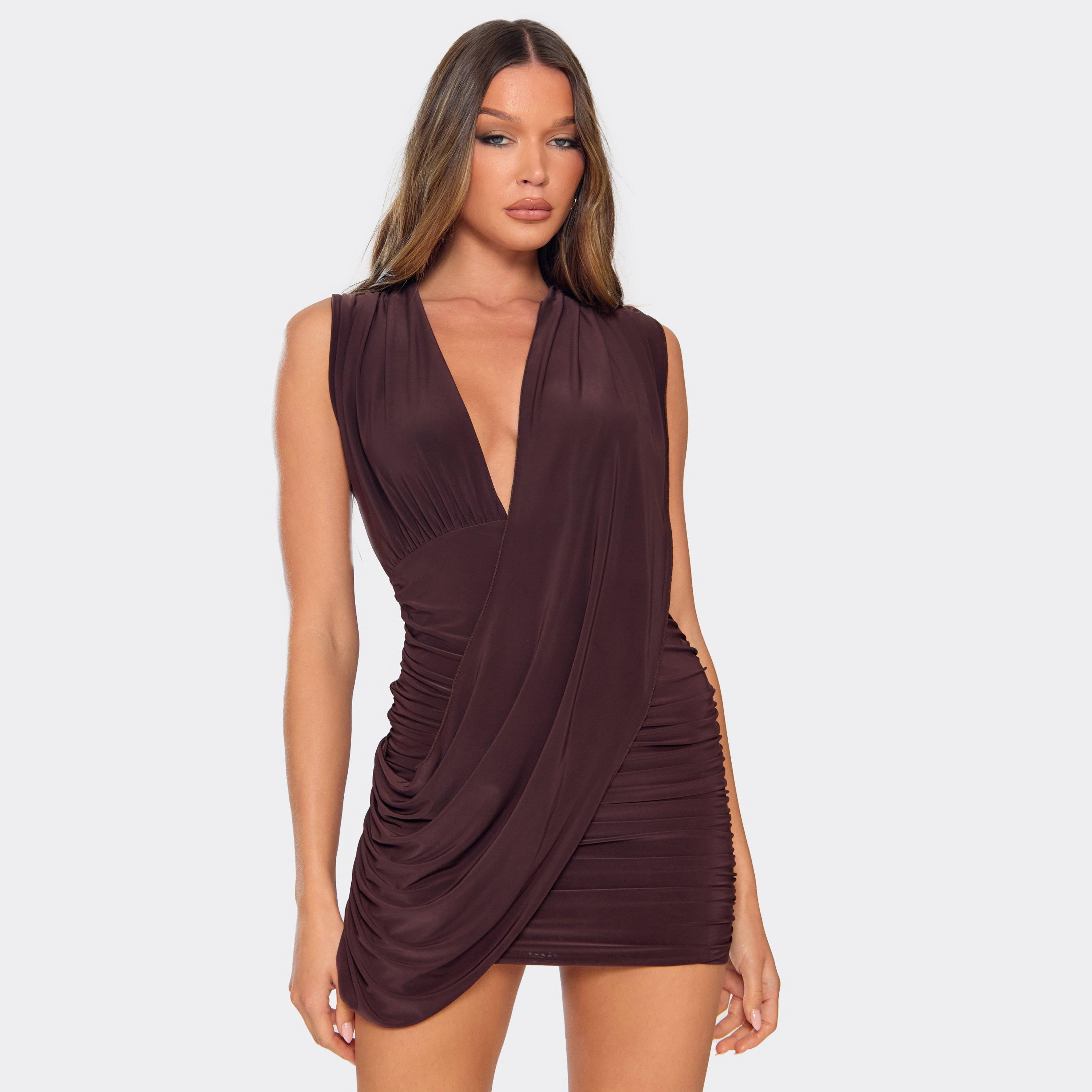 Sleeveless Plunge Draped Detail Mini Dress In Chocolate Brown, Women’s