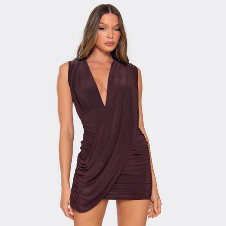 Sleeveless Plunge Draped Detail Mini Dress In Chocolate Brown, Women's Size US