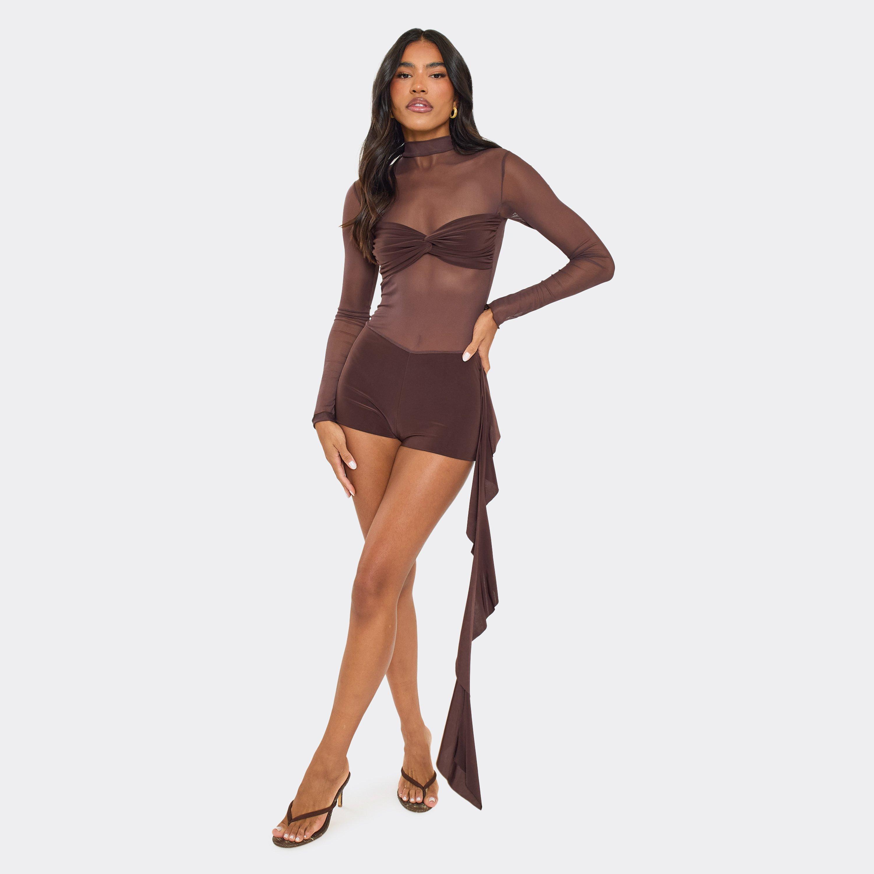 Image of High Neck Long Sleeve Contrast Panel Drape Detail Playsuit In Brown Mesh, Women's