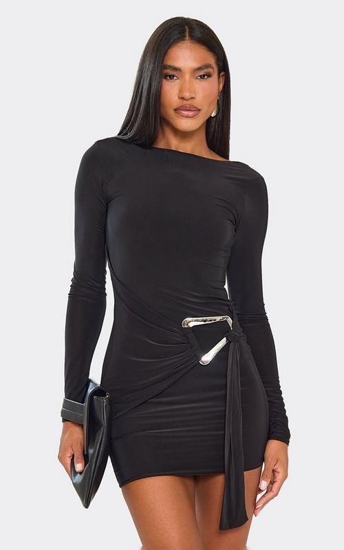 long sleeve backless thong detail mini bodycon dress in black | EGO US Color:Plum Purple