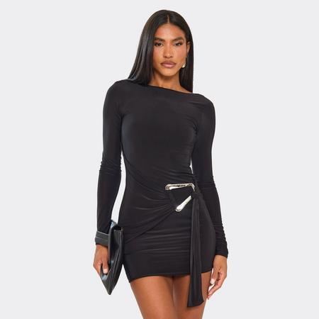 Long Sleeve Drape Trim Detail Mini Dress In Black, Women's Size US