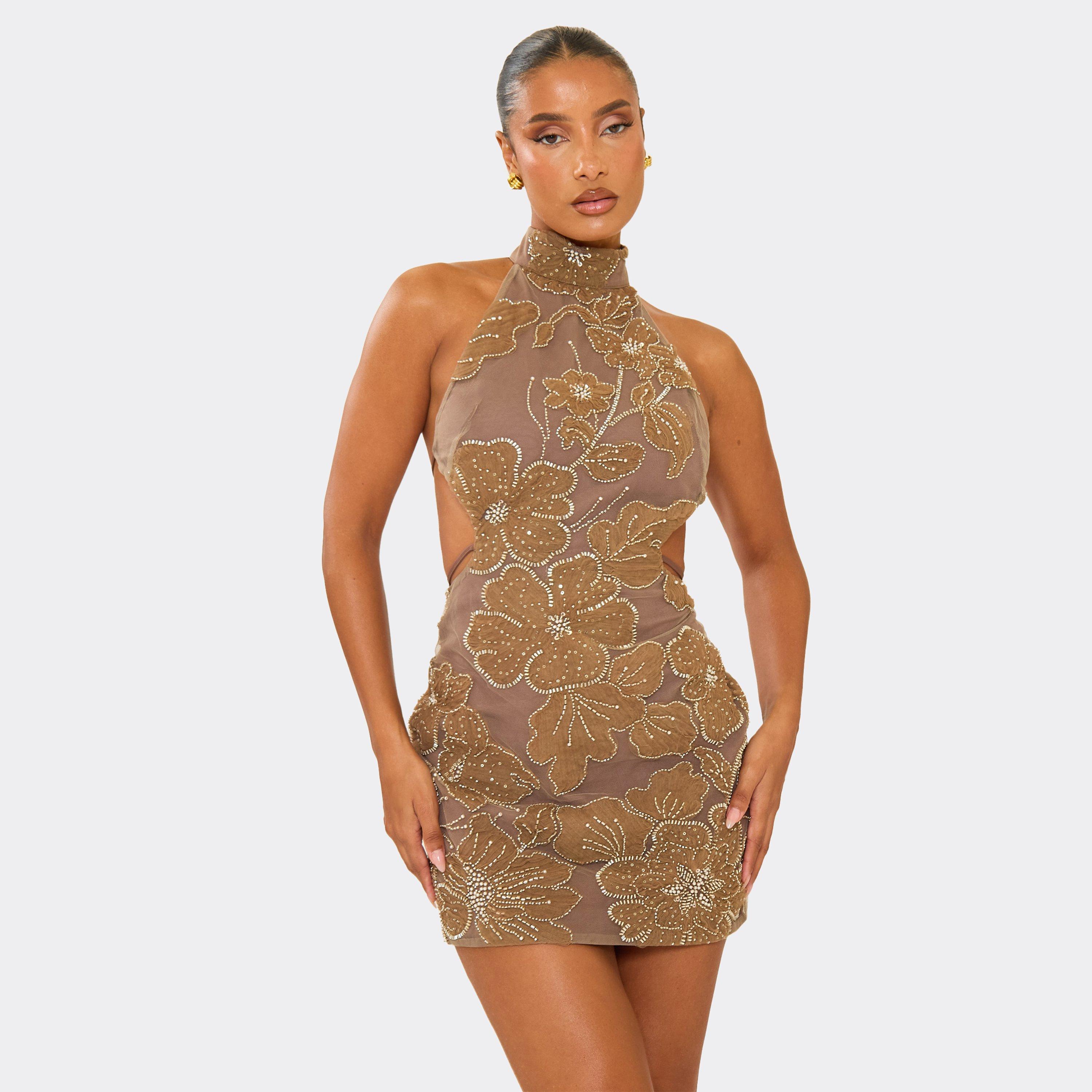 High Neck Open Back Embellished Detail Mini Dress In Light Brown, Women's Size UK 6