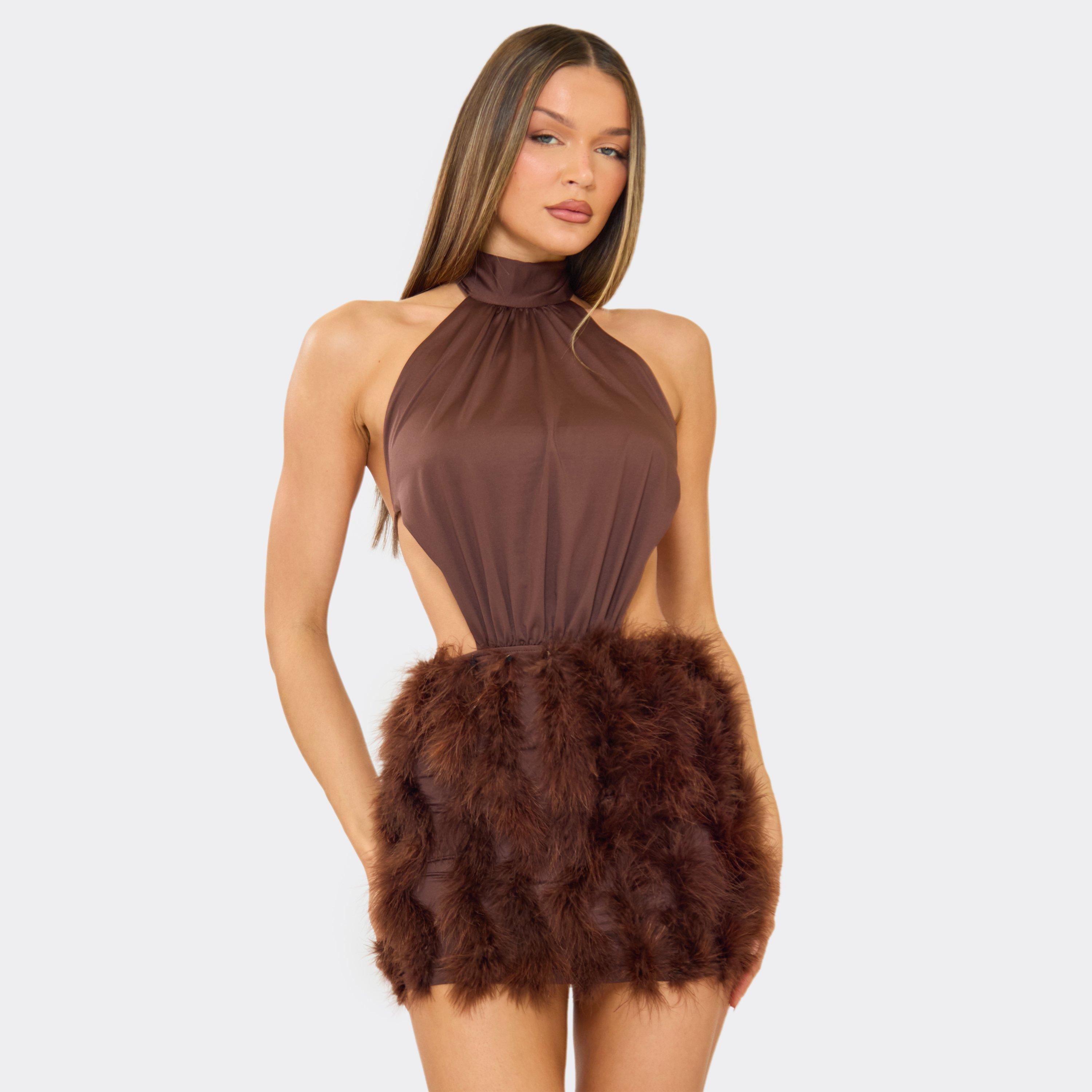 High Neck Cut Out Feather Hem Detail Mini Dress In Brown, Women’s
