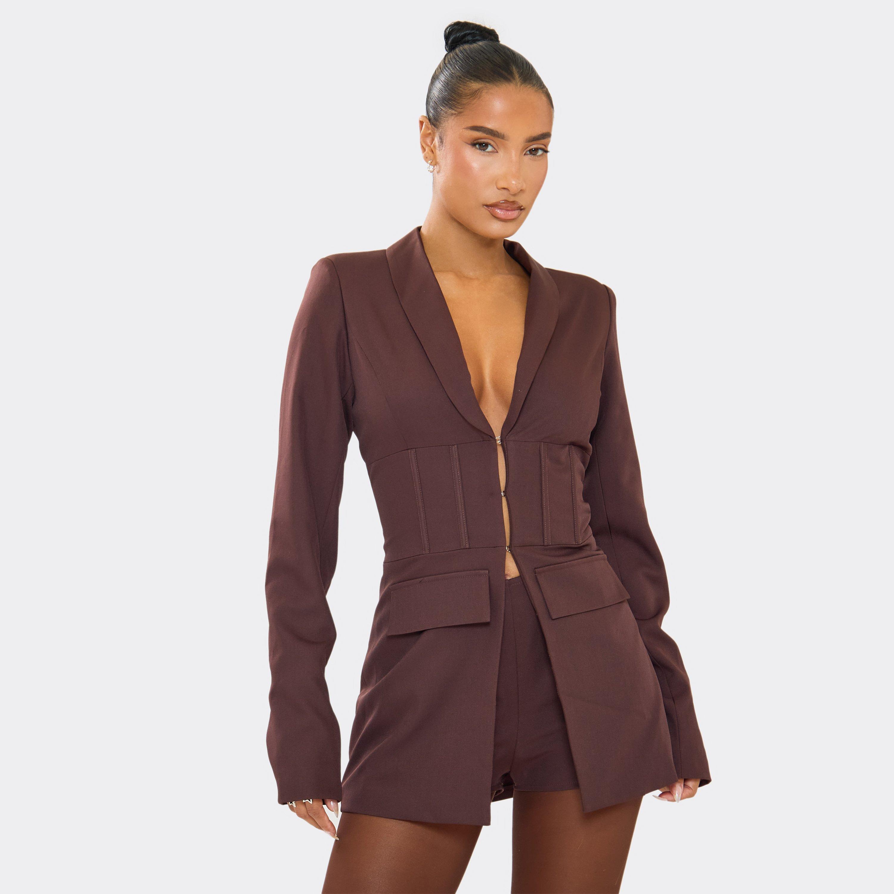 Image of Long Sleeve Split Front Corset Detail Blazer Playsuit In Chocolate Brown, Women's