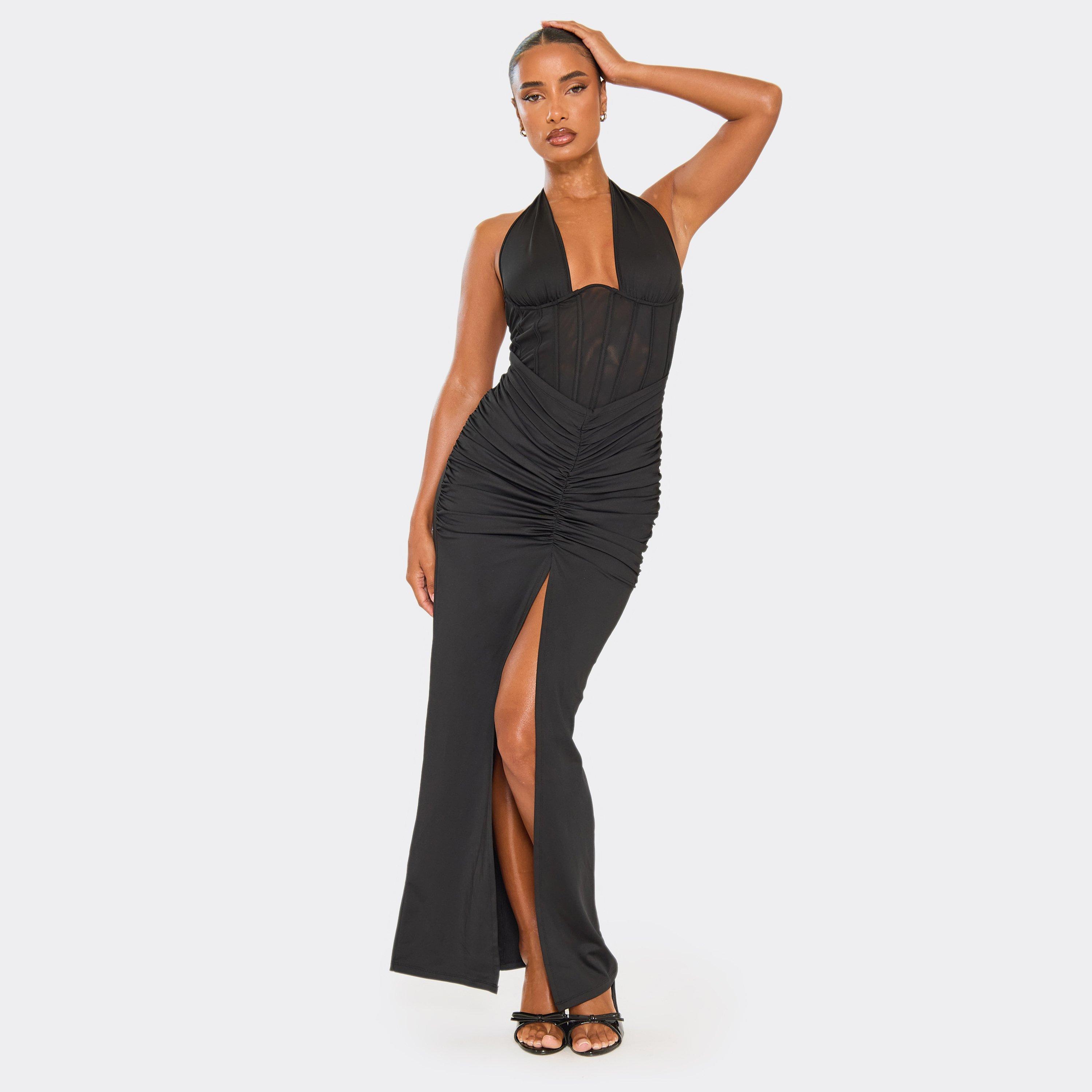 Halterneck Corset Ruched Split Leg Detail Maxi Dress In Black, Women's Size UK 6
