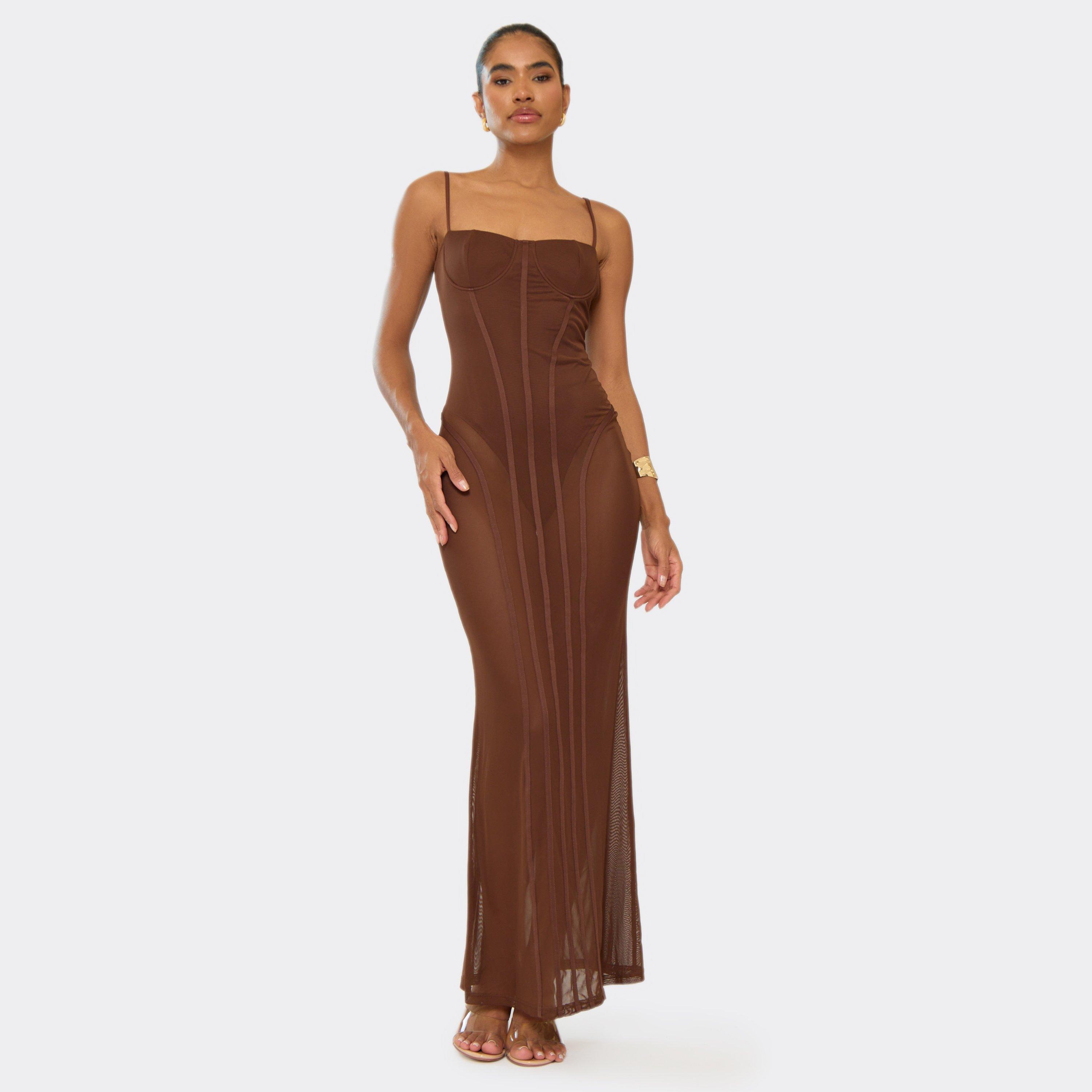 Strappy Underwire Seam Bodysuit Lining Detail Maxi Dress In Chocolate Brown, Women's Size UK 8