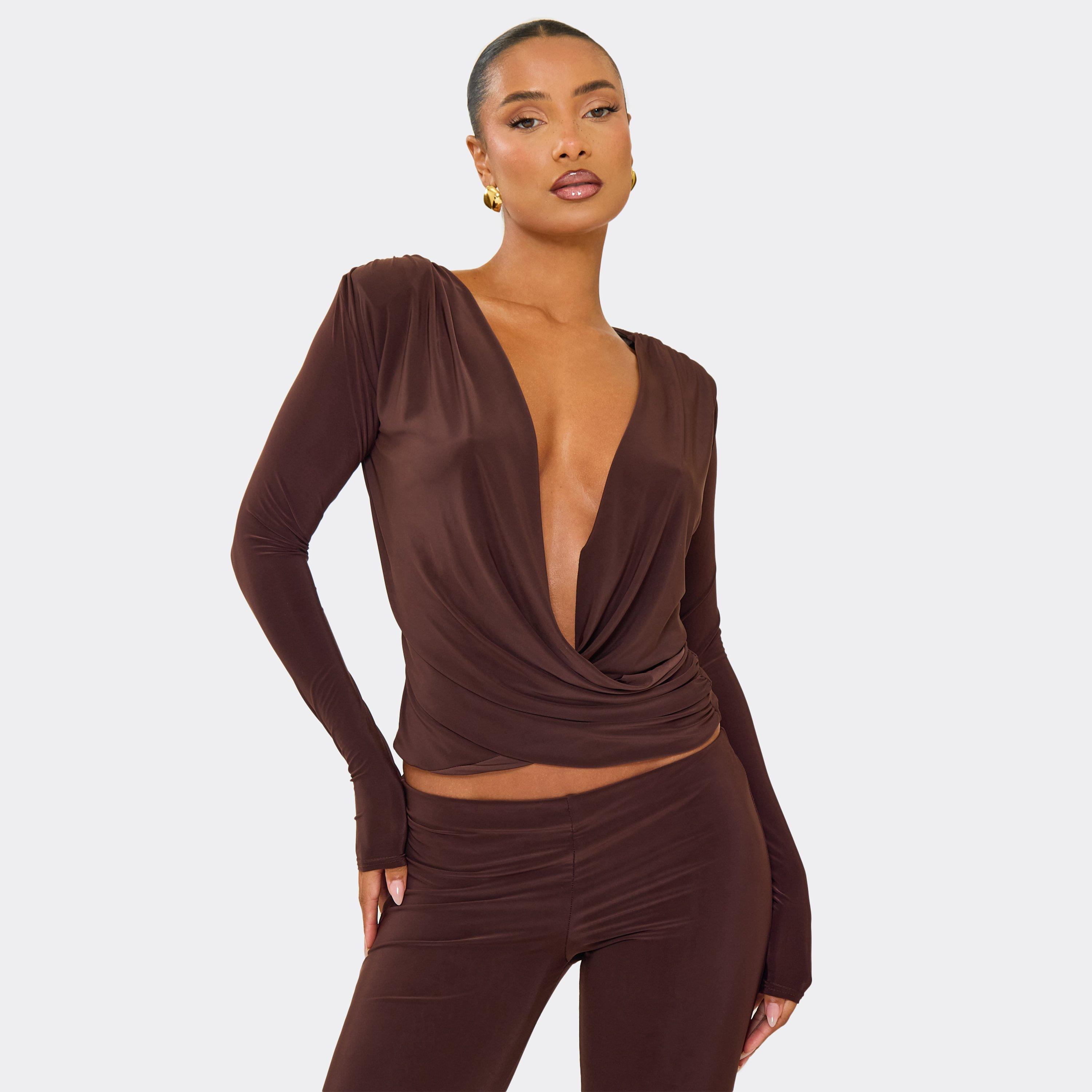 Long Sleeve Cowl Neck Wrap Top In Chocolate Brown Slinky, Women's Size UK 6