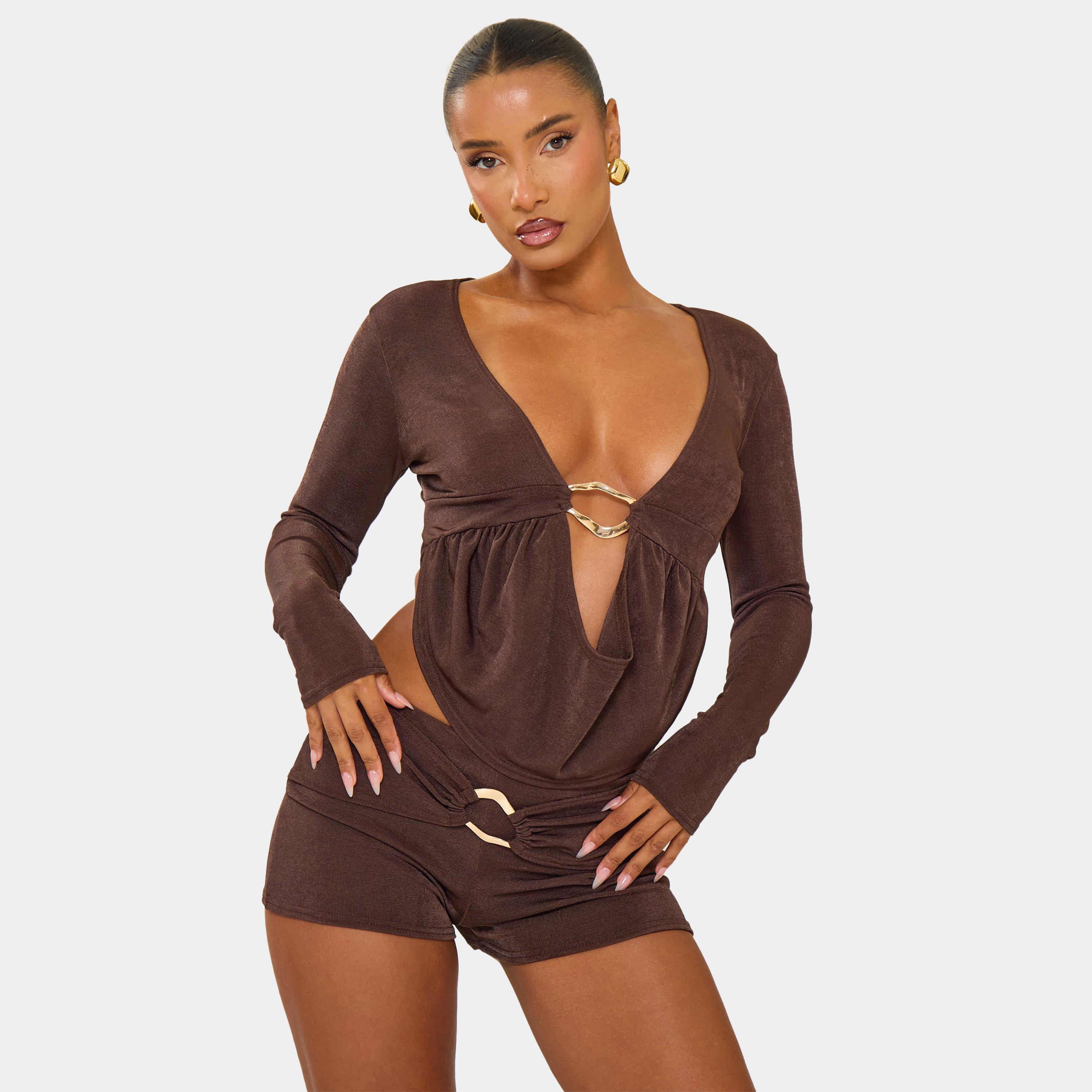 Image of Long Sleeve Cowl Plunge Trim Detail Top In Chocolate Brown, Women's