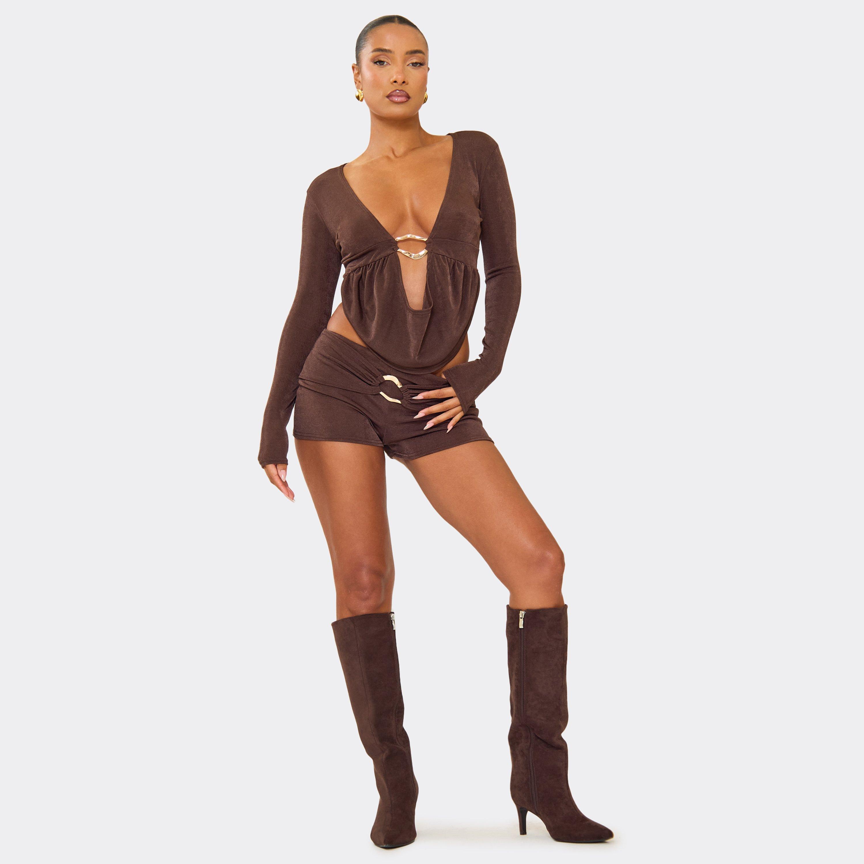 Low Rise Trim Detail Hot Pants In Chocolate Brown, Women's Size UK 14