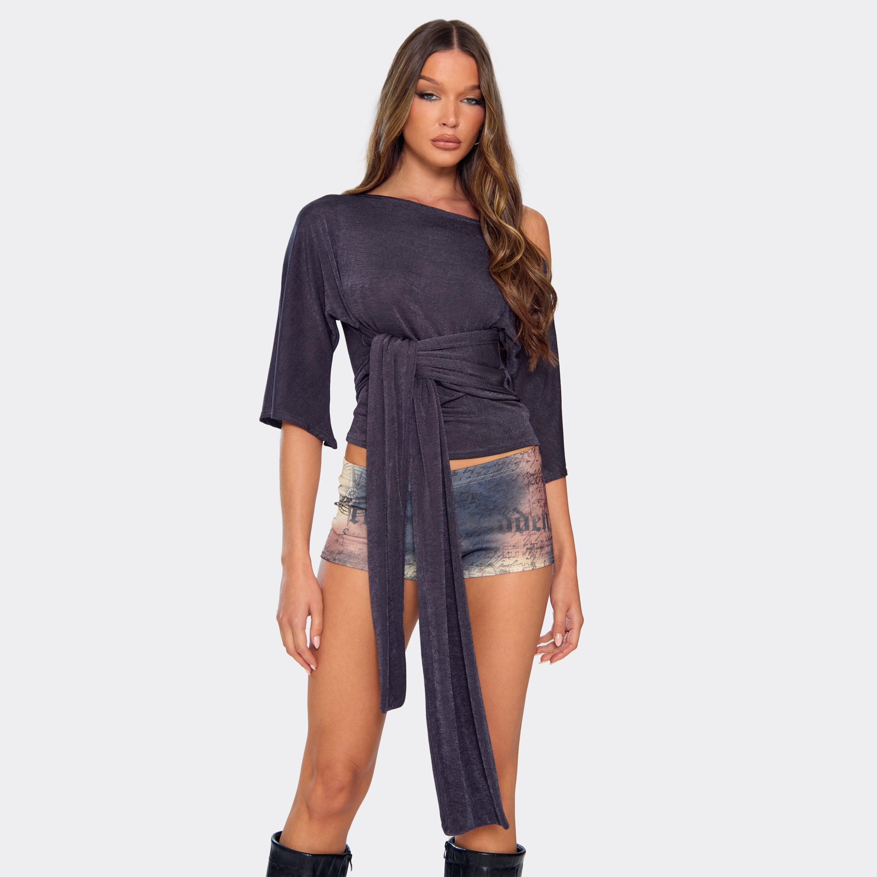 Short Sleeve Asymmetric Tie Detail Top In Navy Blue, Women's Size UK 12