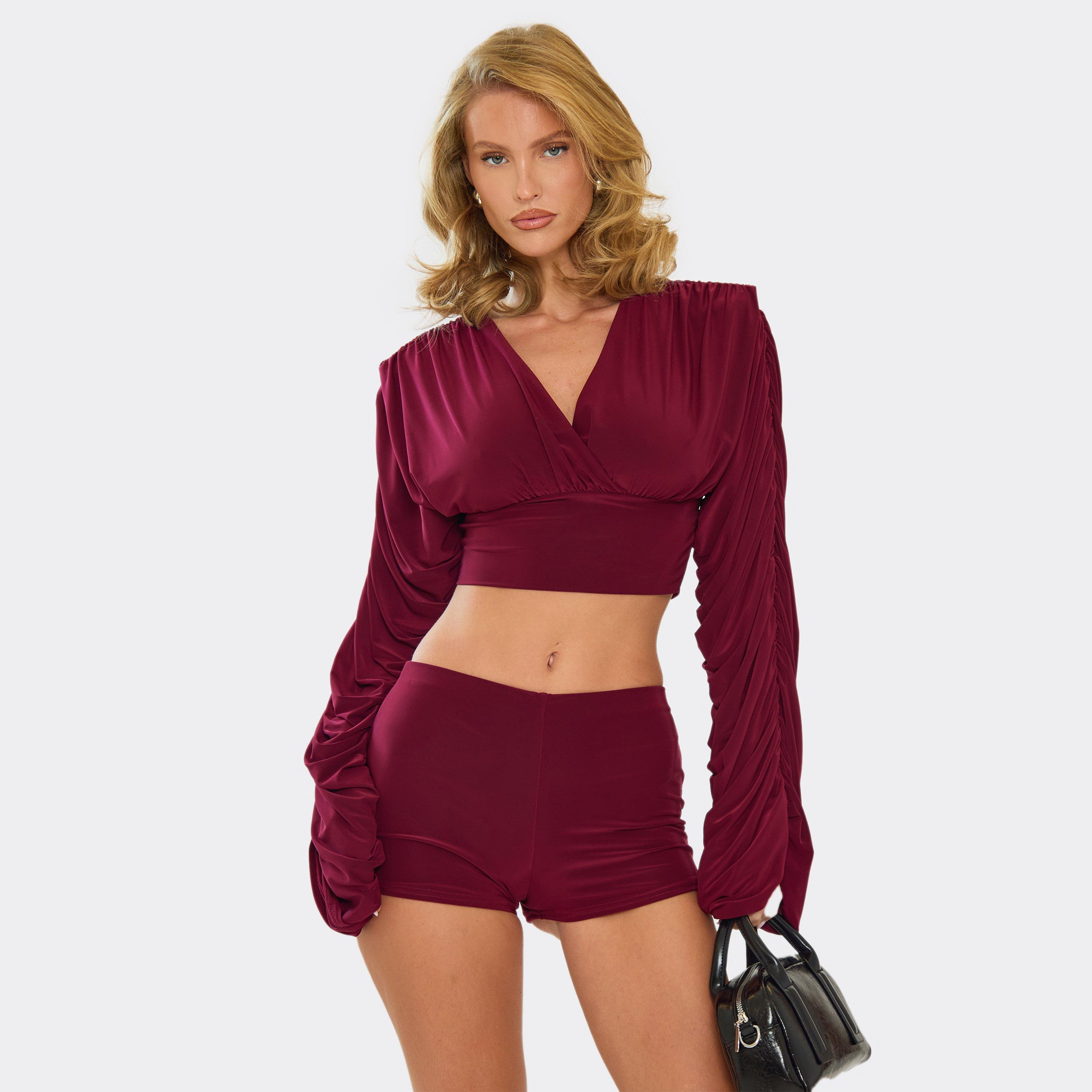 Long Ruched Sleeve V Neck Crop Top In Burgundy Slinky, Women's Size UK 6