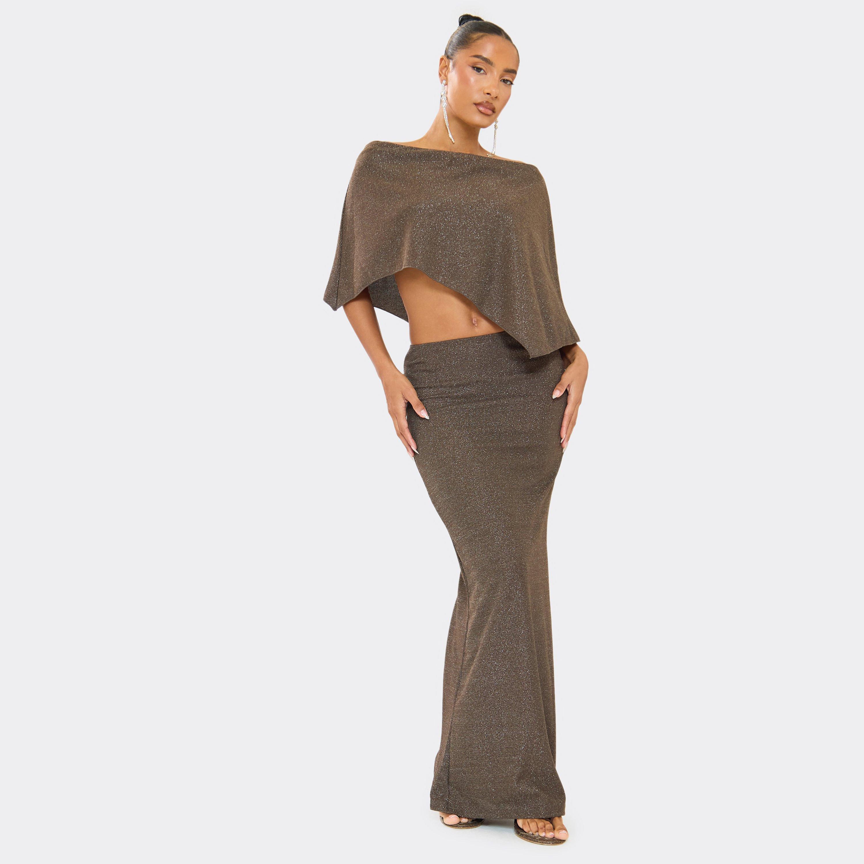 Asymmetric Cape Top And Low Waist Maxi Skirt Co-Ord Set In Glitter Chocolate Brown, Women's Size UK 12