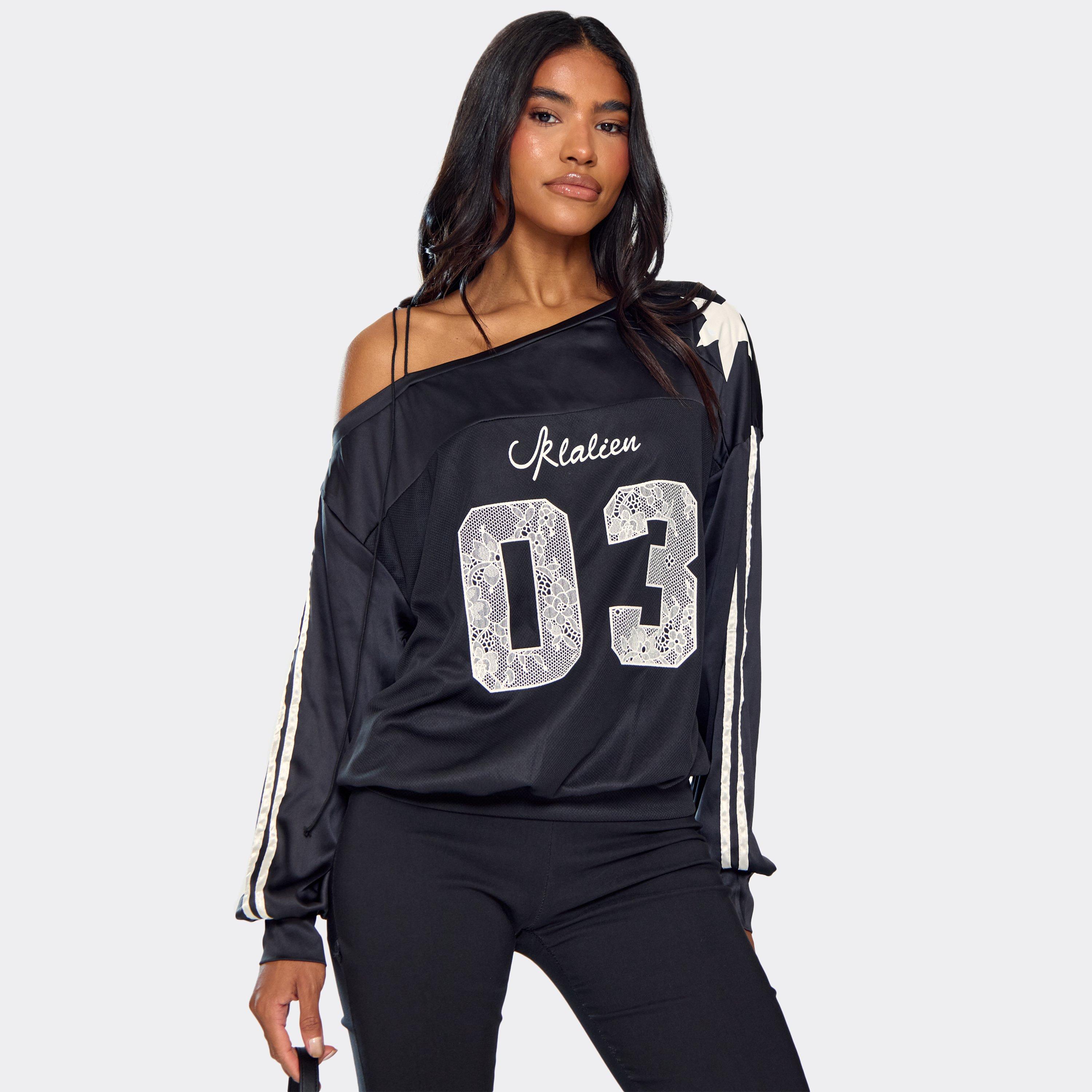 Image of Slash Neck Tie Detail Diamante Varsity Top In Black, Women's Size UK S